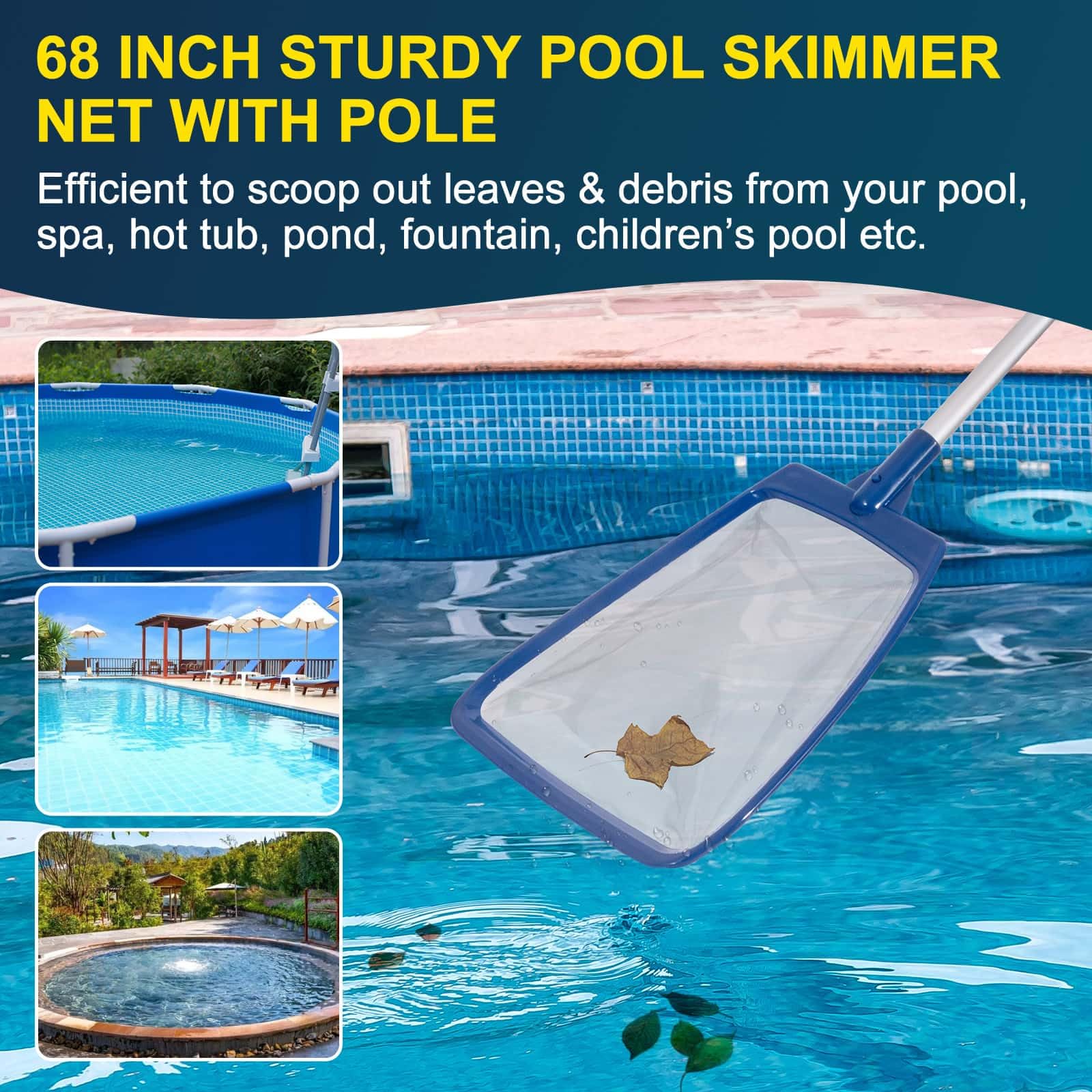 POOLAZA Pool Skimmer Net with Pole, Ultra Fine Mesh Pool Nets for Cleaning with Pole, Semi-deep Pool Net Skimmer with 68'' Thickened Aluminum Pole, Pool Leaf Net for Above Ground Pool, Spa & Hot Tub - Image 2