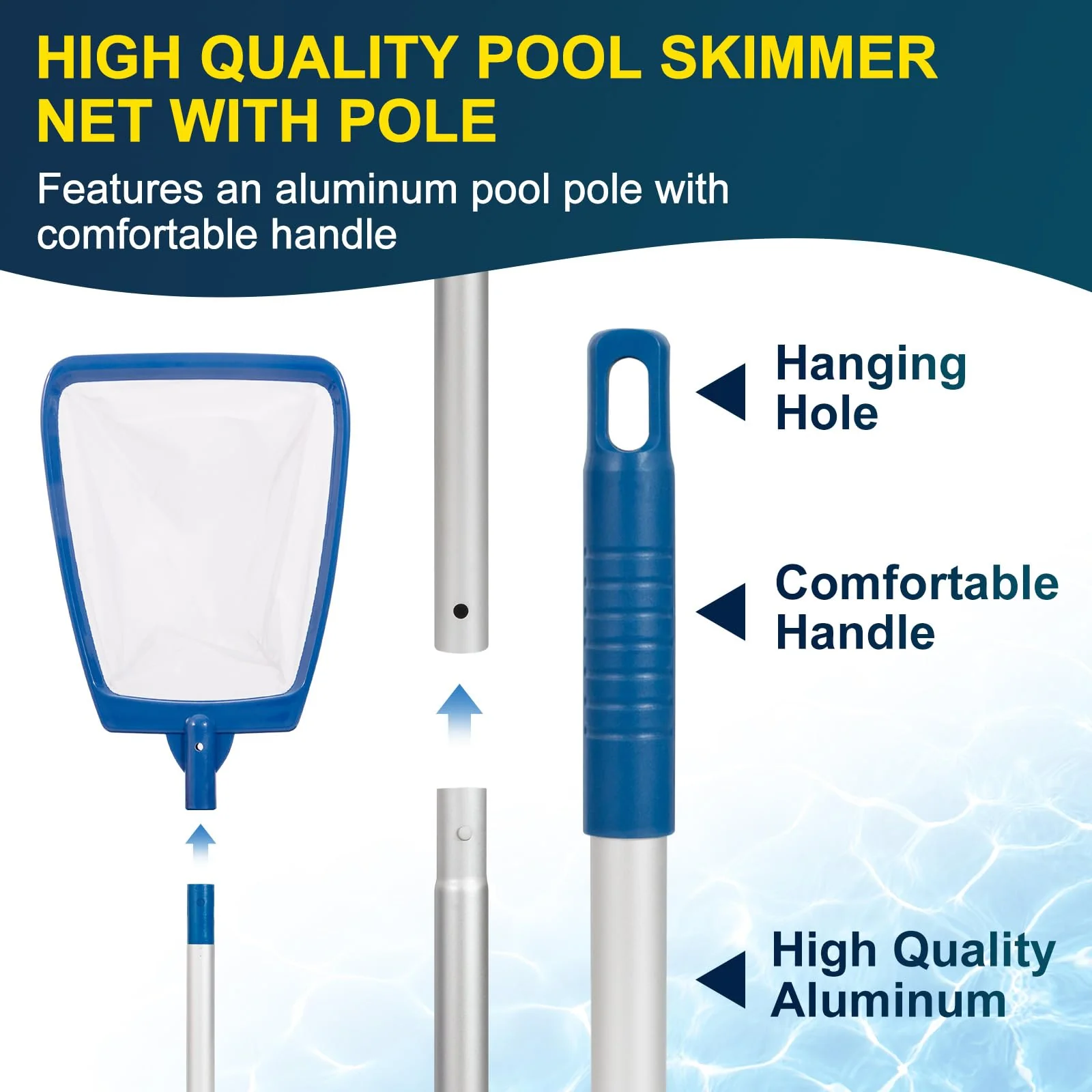 POOLAZA Pool Skimmer Net with Pole, Ultra Fine Mesh Pool Nets for Cleaning with Pole, Semi-deep Pool Net Skimmer with 68'' Thickened Aluminum Pole, Pool Leaf Net for Above Ground Pool, Spa & Hot Tub - Image 3