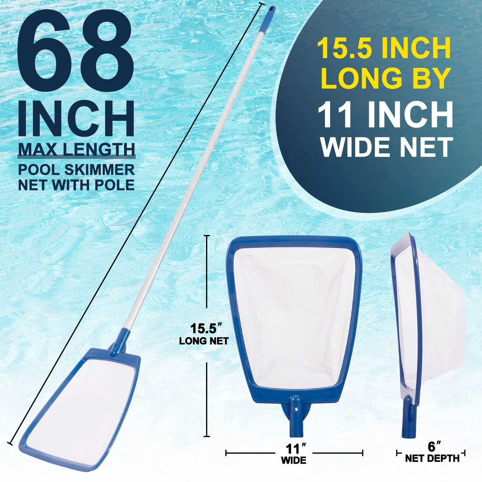 POOLAZA Pool Skimmer Net with Pole, Ultra Fine Mesh Pool Nets for Cleaning with Pole, Semi-deep Pool Net Skimmer with 68'' Thickened Aluminum Pole, Pool Leaf Net for Above Ground Pool, Spa & Hot Tub - Image 6