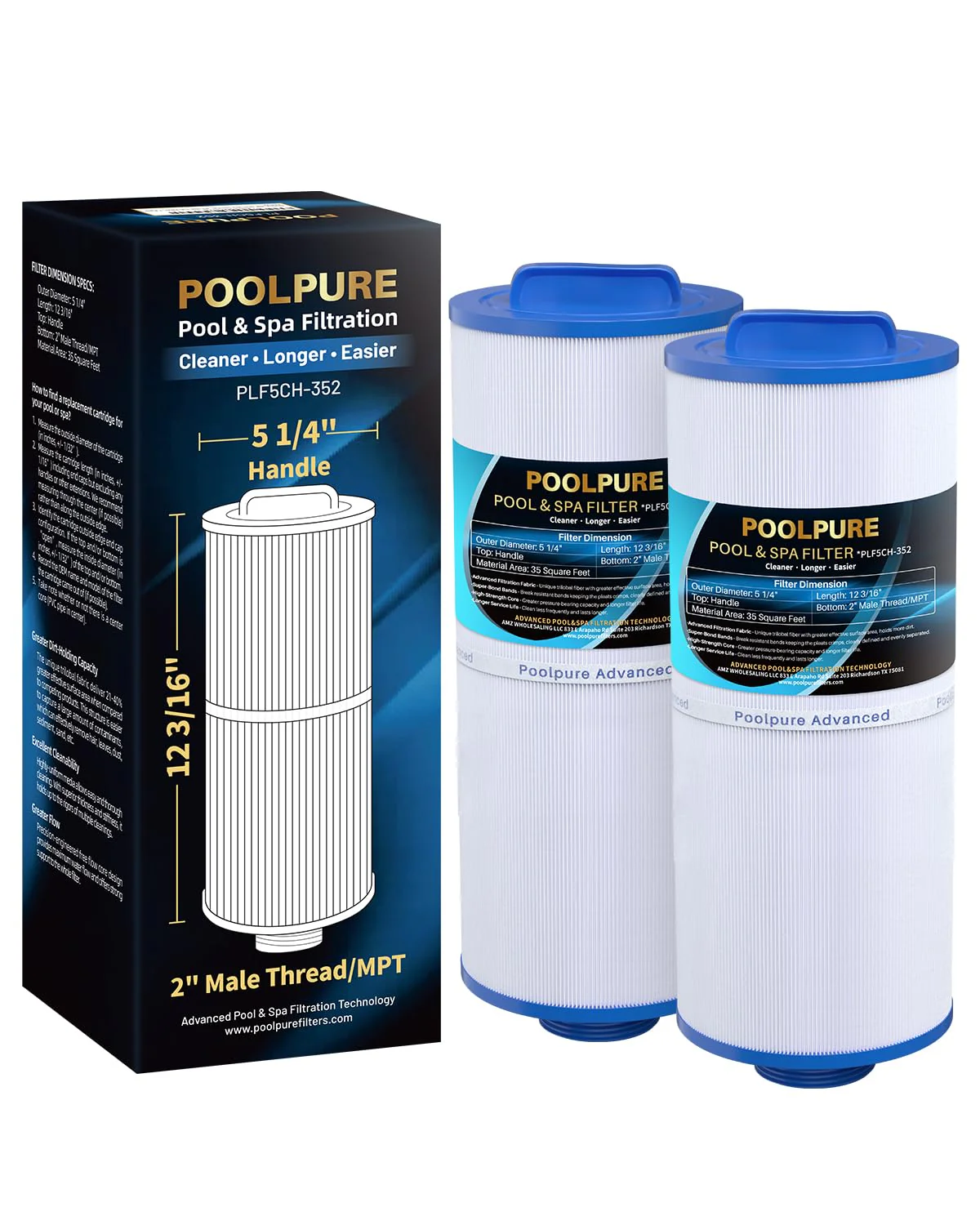 POOLPURE 5CH-352 Spa Filter Replaces PPM35SC-F2M, Marquis Spa 20042, 20092, 70-0240, 370-0242, 370-0243, Filbur FC-0196, 2" Male Thread/MPT Hot Tub Filter, 2 Pack