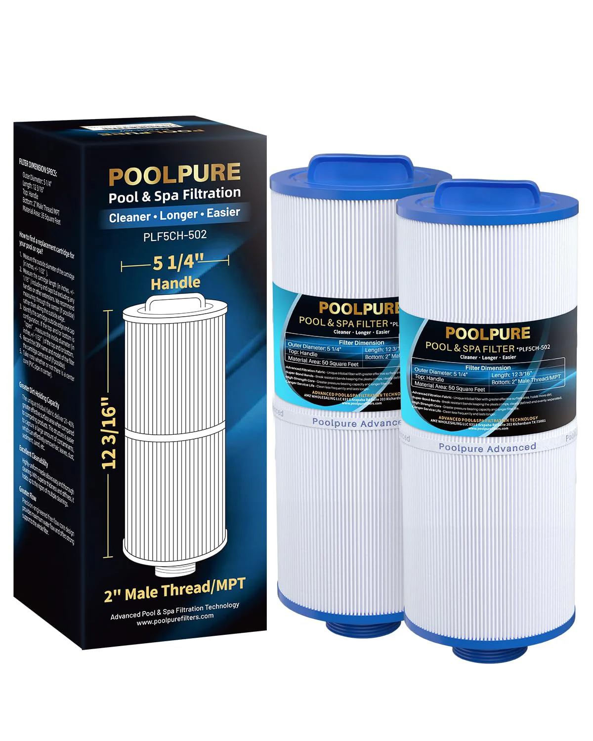 POOLPURE 5CH-502 Fine Thread Spa Filter Replaces PPM50SC-F2M, Marquis Spa 20041, 20091, 370-0237, Marquis 50, 2” Male Thread/MPT Hot Tub Filter (2)