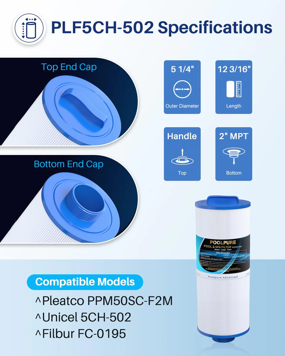 POOLPURE 5CH-502 Fine Thread Spa Filter Replaces PPM50SC-F2M, Marquis Spa 20041, 20091, 370-0237, Marquis 50, 2” Male Thread/MPT Hot Tub Filter (2) - Image 7