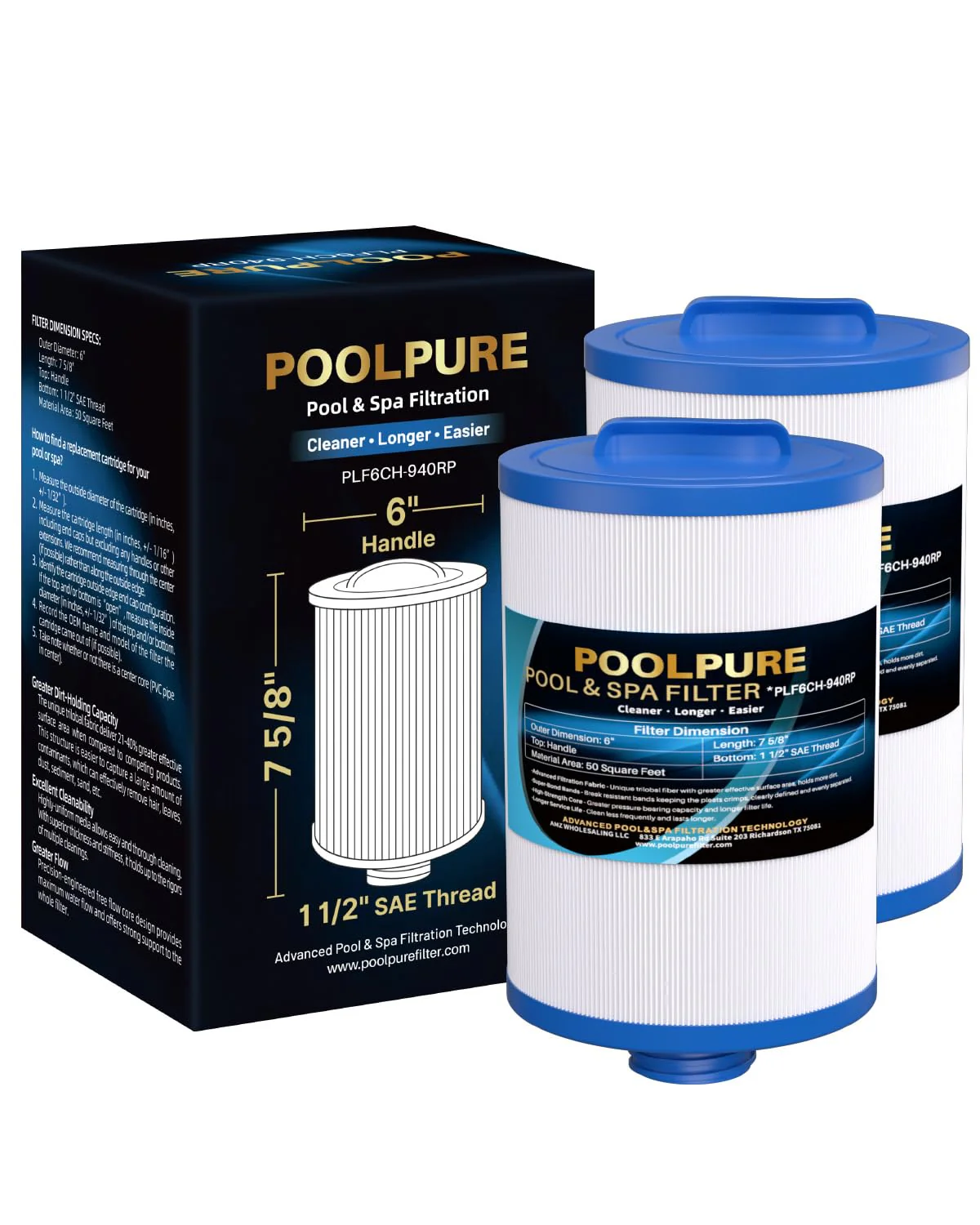 POOLPURE 6CH-940RP Removable Handle Spa Filter Replaces PWW50P3(1 1/2" Coarse Thread), 6CH-940, 817-0050, Filbur FC-0359, 25252, with Built-in Chlorine Dispenser, Screw in SAE Thread Filter 2Pack
