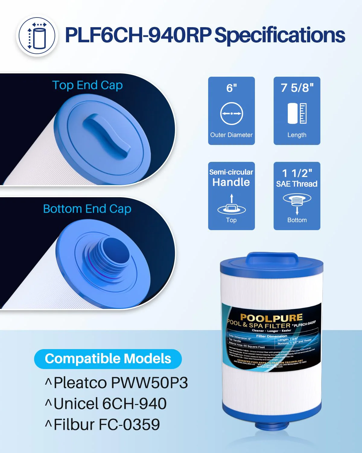 POOLPURE 6CH-940RP Removable Handle Spa Filter Replaces PWW50P3(1 1/2" Coarse Thread), 6CH-940, 817-0050, Filbur FC-0359, 25252, with Built-in Chlorine Dispenser, Screw in SAE Thread Filter 2Pack - Image 9