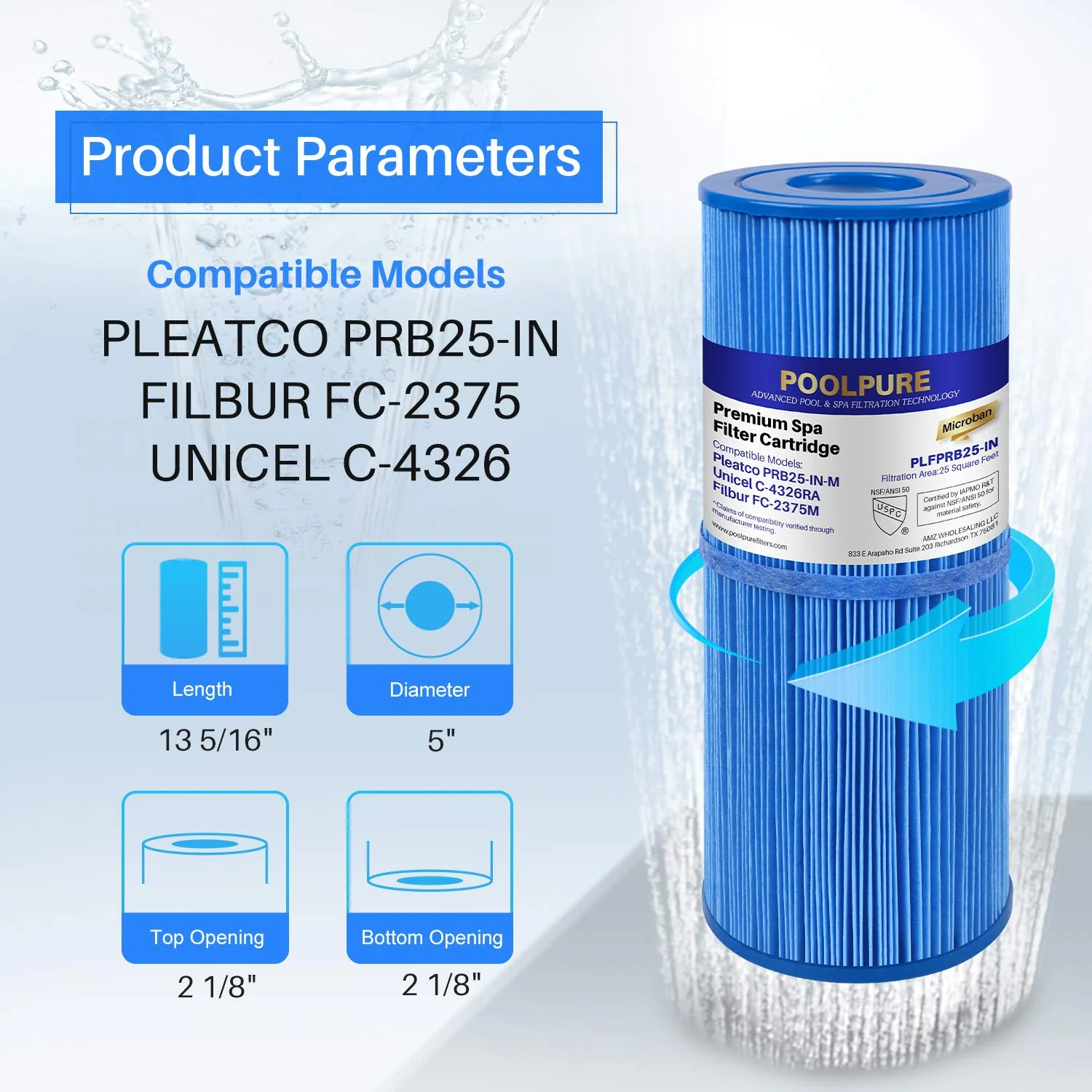 POOLPURE Antimicrobia PRB25-IN-M Spa Filter Replaces Unicel C-4326RA, Guardian 413-106, Filbur FC-2375M, 3005845, 17-2327, 100586, 33521, 25392, 817-2500, 5X13 Spa Filter, 2 Pack - Image 8