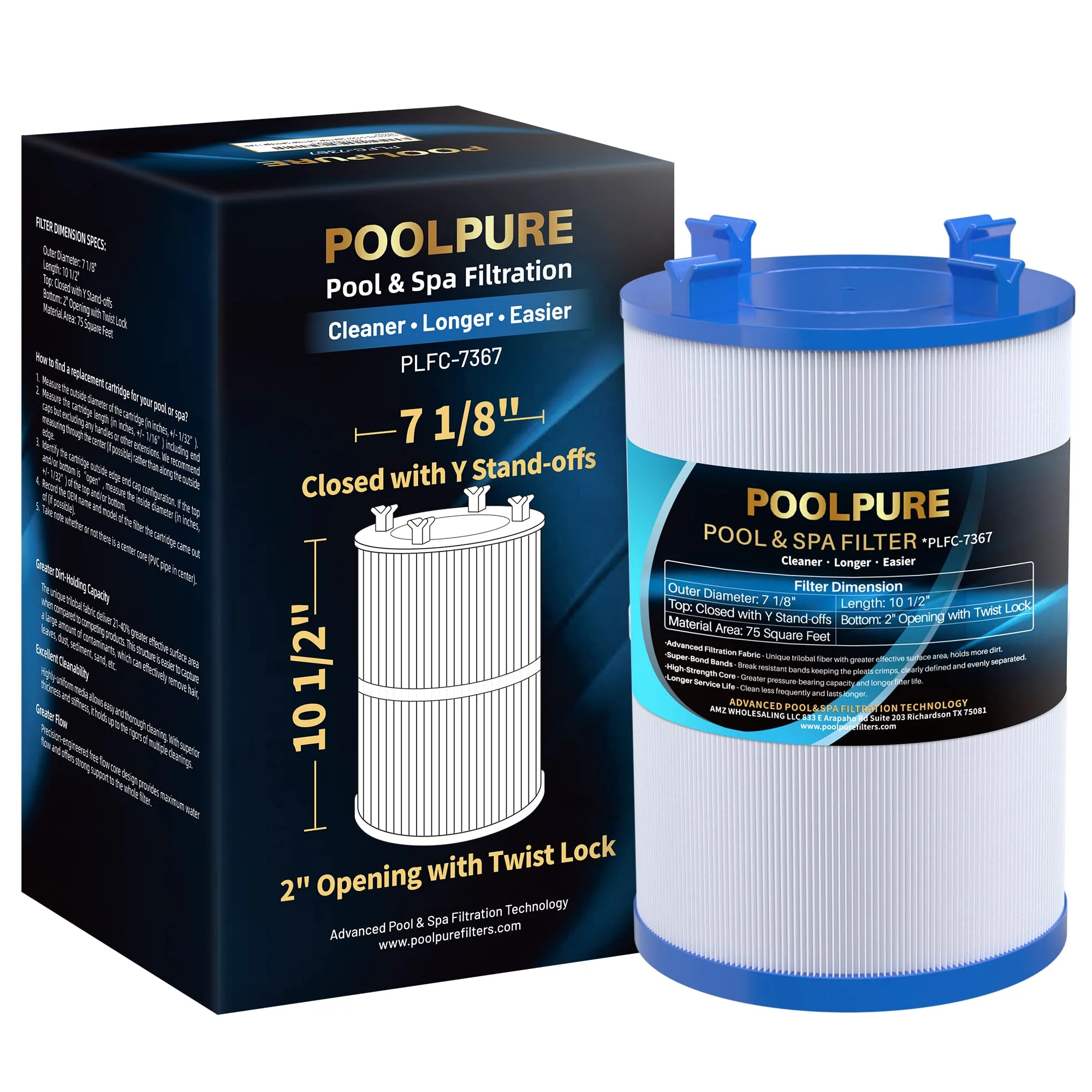 POOLPURE C-7367 Spa Filter Replaces PD075-2000, Dimension One 1561-00, Filbur FC-3059, Excel Filters XLS-7005, Aladdin 17541, Baleen AK-60035, 75 sqft Hot Tub Filter Cartridge 1 Pack