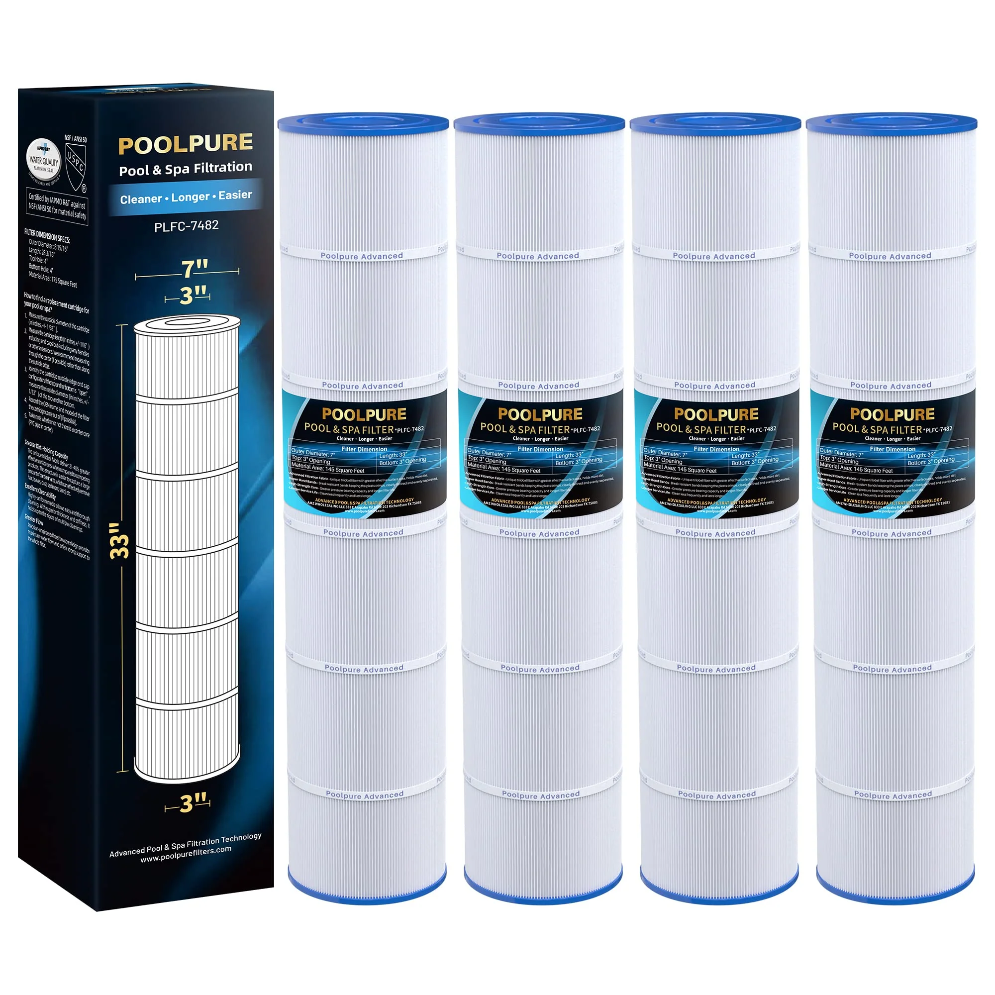 POOLPURE C-7482 Pool Filter Replaces Jandy CL580, CV580, PJAN145, Ultral-A10, Unicel C-7482, Filbur FC-0820, A0104100, R0357900, Filbur FC-6415, SD-01109, 145 sqft Filter Cartridge 4 Pack