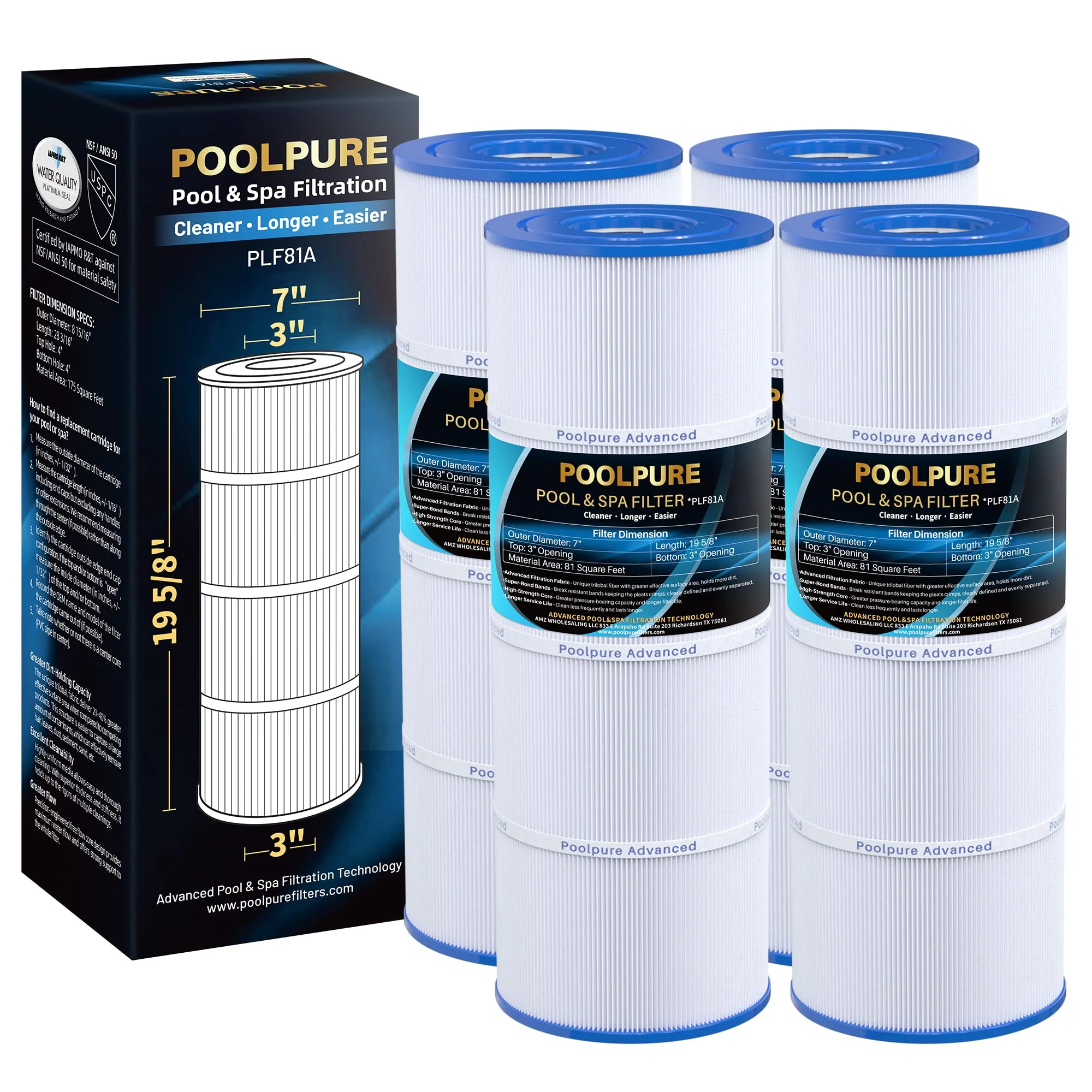 POOLPURE CX580XRE Pool Filter Replaces Hayward C580E, PA81-PAK4, Ultral-A3, Unicel C-7483, Hayward SwimClear C3020, C3025, C3030, Filbur FC-1225, FC-6425,4 X 81 sq. ft.Cartridge,L x OD: 19 5/8"x 7"