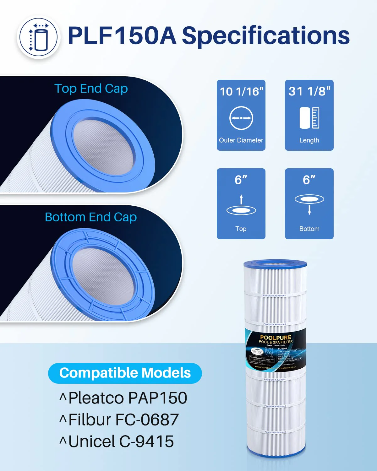 POOLPURE PLF150A Pool Filter Replaces Pentair CC150, CCRP150, PAP150, Ultral-C4, PP-C4, PP-C4-M, Unicel C-9415, R173216, 59054300, Filbur FC-0687, 160317, 160355, 160352, L x OD: 31 1/8" x10 1/16" - Image 8