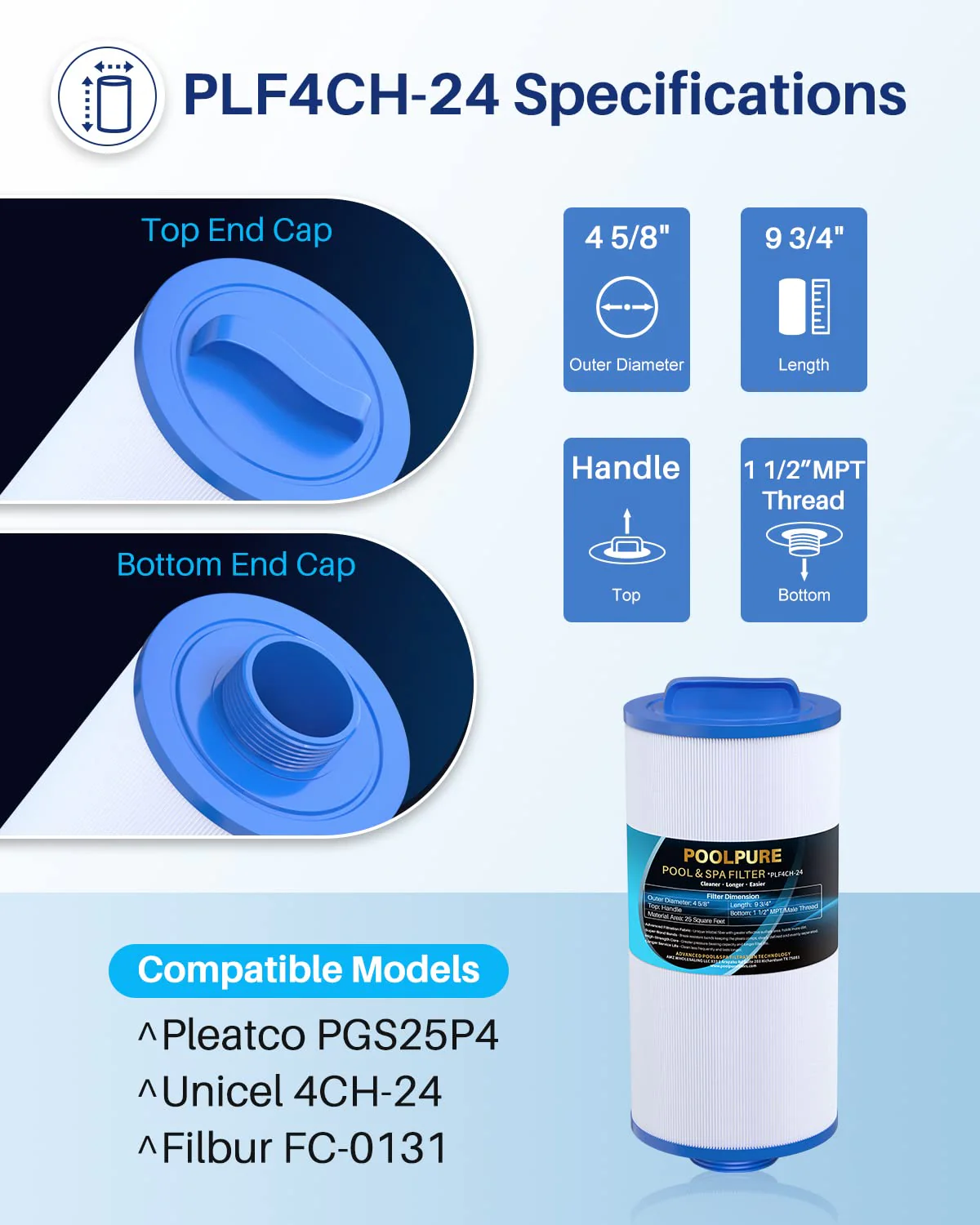 POOLPURE PLF4CH-24 Spa Filter Replaces Pleatco PGS25P4, Unicel 4CH-24, Filbur FC-0131, 20254-238, SD-00004, PAS-1217, 12519, AK-9004, SD-01103, Gatsby 25, 25 sqft Filter Cartridge 1 Pack - Image 7