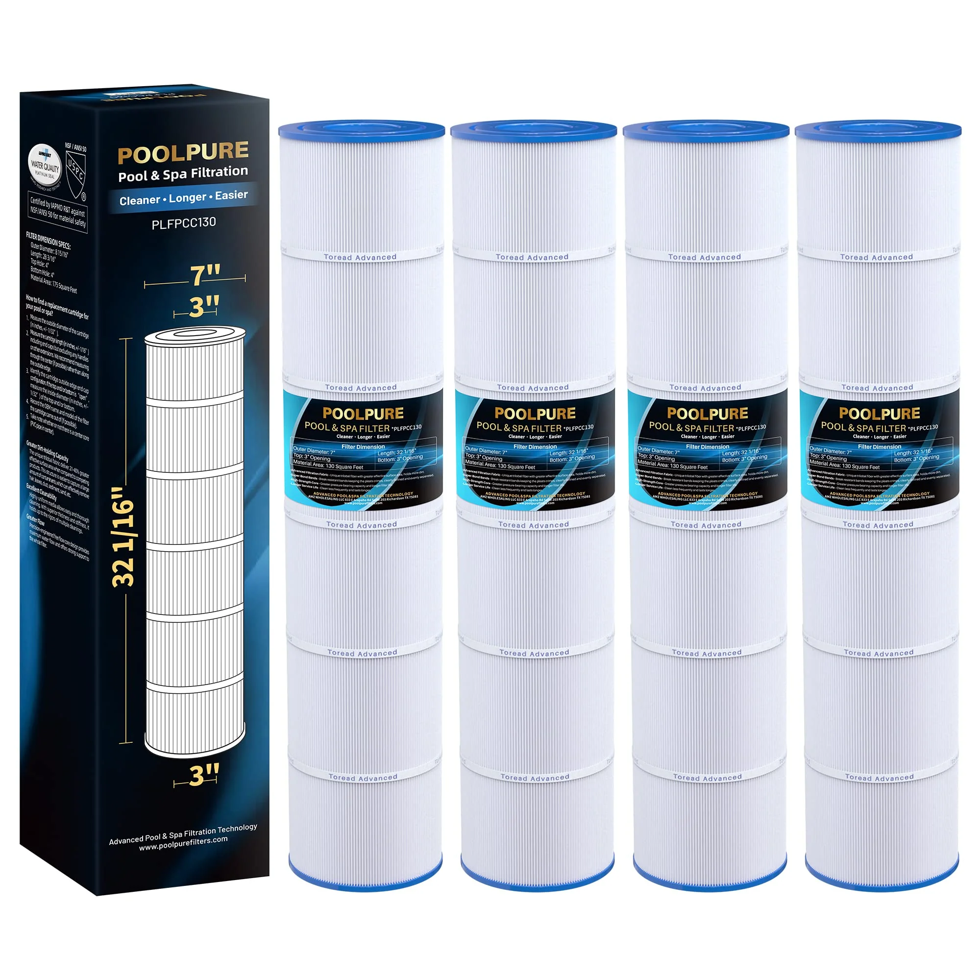 POOLPURE PLFPCC130 Pool Filter Replaces Pentair CCP520, R173578, PCC130, Ultral-A7, Unicel C-7472, Filbur FC-1978, FC-6475, Pentair Clean and Clear Plus 520, 817-0131, 178585, L x OD: 32 1/16"x7"