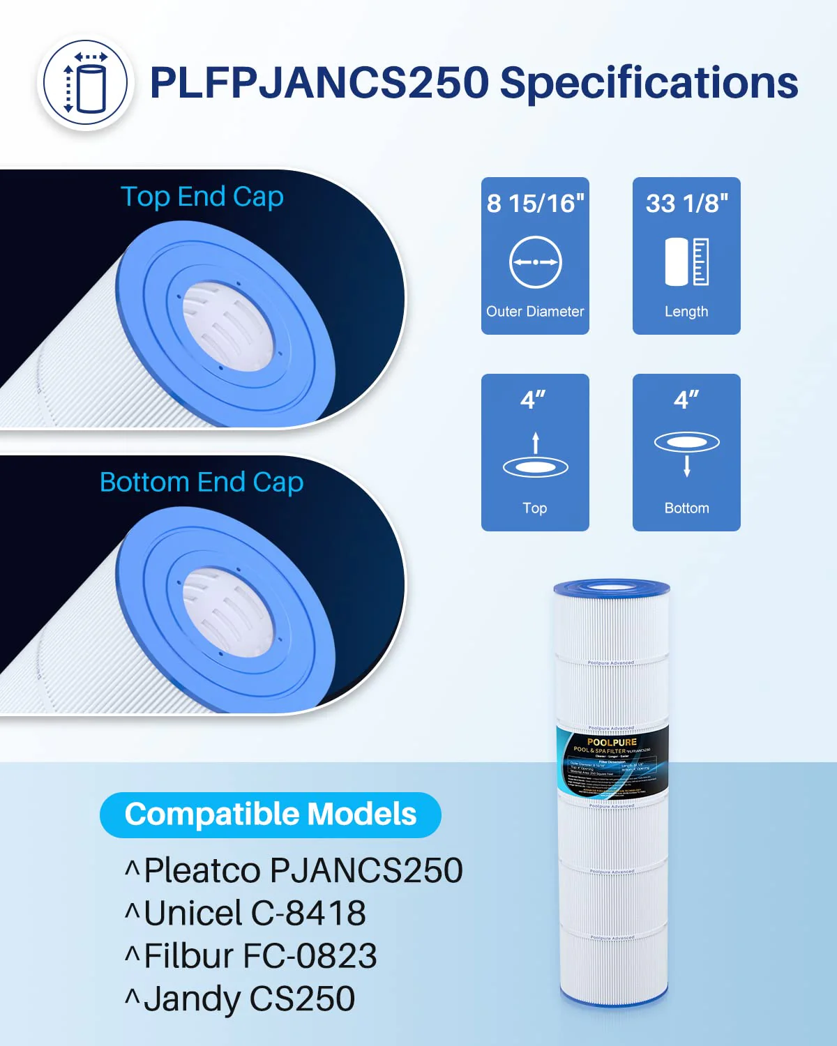 POOLPURE PLFPJANCS250 Pool Fliter Replaces Jandy CS250, PJANCS250, Unicel C-8425, Filbur FC-0824, R0462500, 17-175-3630, 250 Sq.ft Filter Cartridge 1 Pack - Image 7