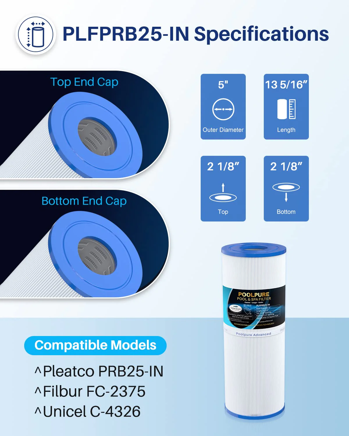 POOLPURE PLFPRB25-IN Hot Tub Filter Replace Unicel C-4326, Guardian 413-106, Filbur FC-2375, FC-2370, 3005845, 17-2327, 100586, 33521, 25392, 817-2500, 5X13 Drop in Spa Filter 1 Pack - Image 8