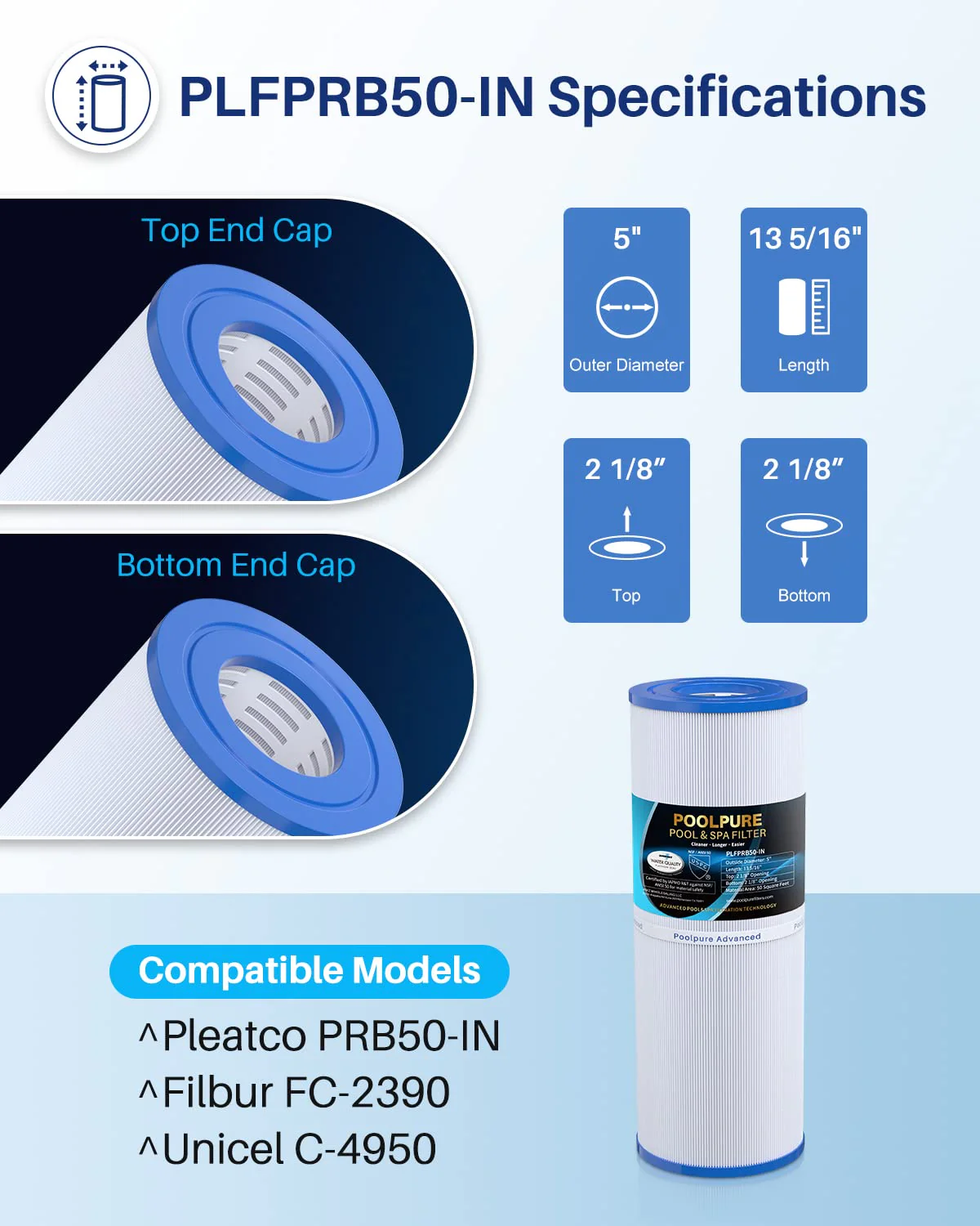 POOLPURE PLFPRB50-IN Spa Filter Replaces Pleatco PRB50-IN, PRB50IN, Unicel C-4950, Filbur FC-2390, Jacuzzi J210/J220/J235/J245/J275, Guardian 413-212-02, 373045, 5X13 Drop in Hot Tub Filter, 1 Pack - Image 8