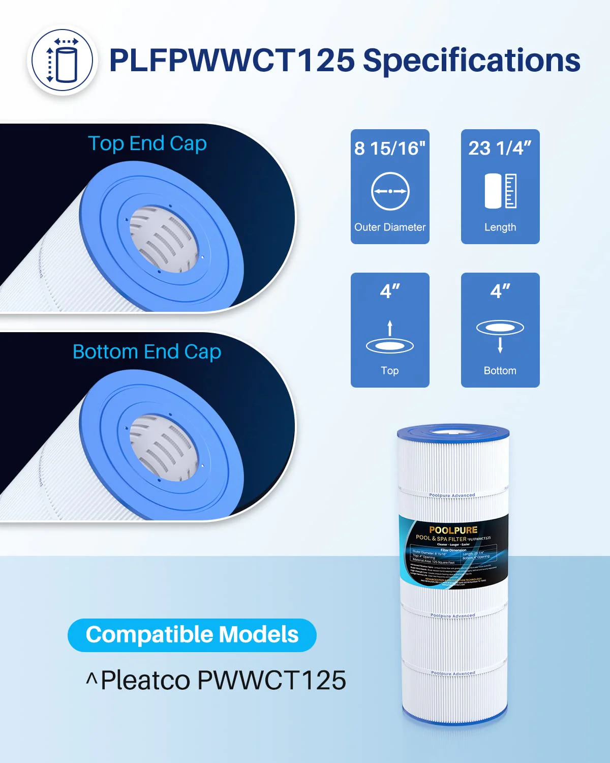 POOLPURE PLFPWWCT125 Pool Filter Replaces PWWCT125, Ultra-B2, Porpoise PP-B2-M, Clearwater II ProClean 125, 817-0125N, 125 Sq.ft Filter Cartridge 1PACK - Image 7