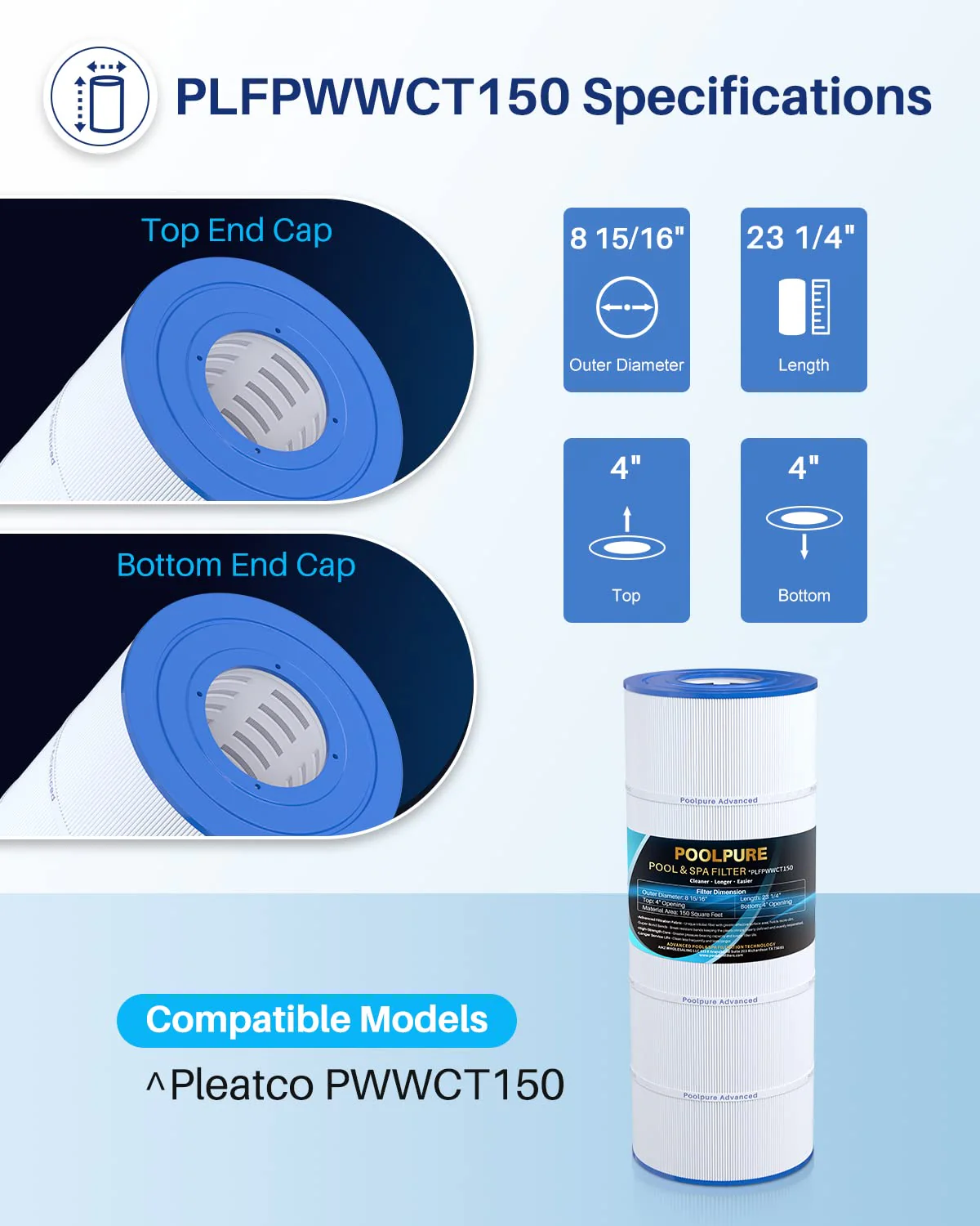 POOLPURE PLFPWWCT150 Pool Filter Replaces PWWCT150, Ultral-B3, Clearwater II ProClean 150, 817-0150N, Unicel 8414, Filbur FC-1287, SD-00210, 150 Sq.ft Filter Cartridge 1PACK - Image 7
