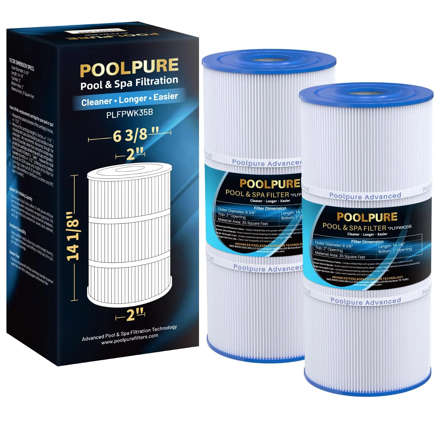 POOLPURE PWK35B SPA Filter Replaces Hot Springs Limelight Series Spa Filters, Watkins 1642301-1, 78161, 78286, Pleatco PWK35B, Filbur FC-3921, SD-01386, 35 sq. ft. 2PACK