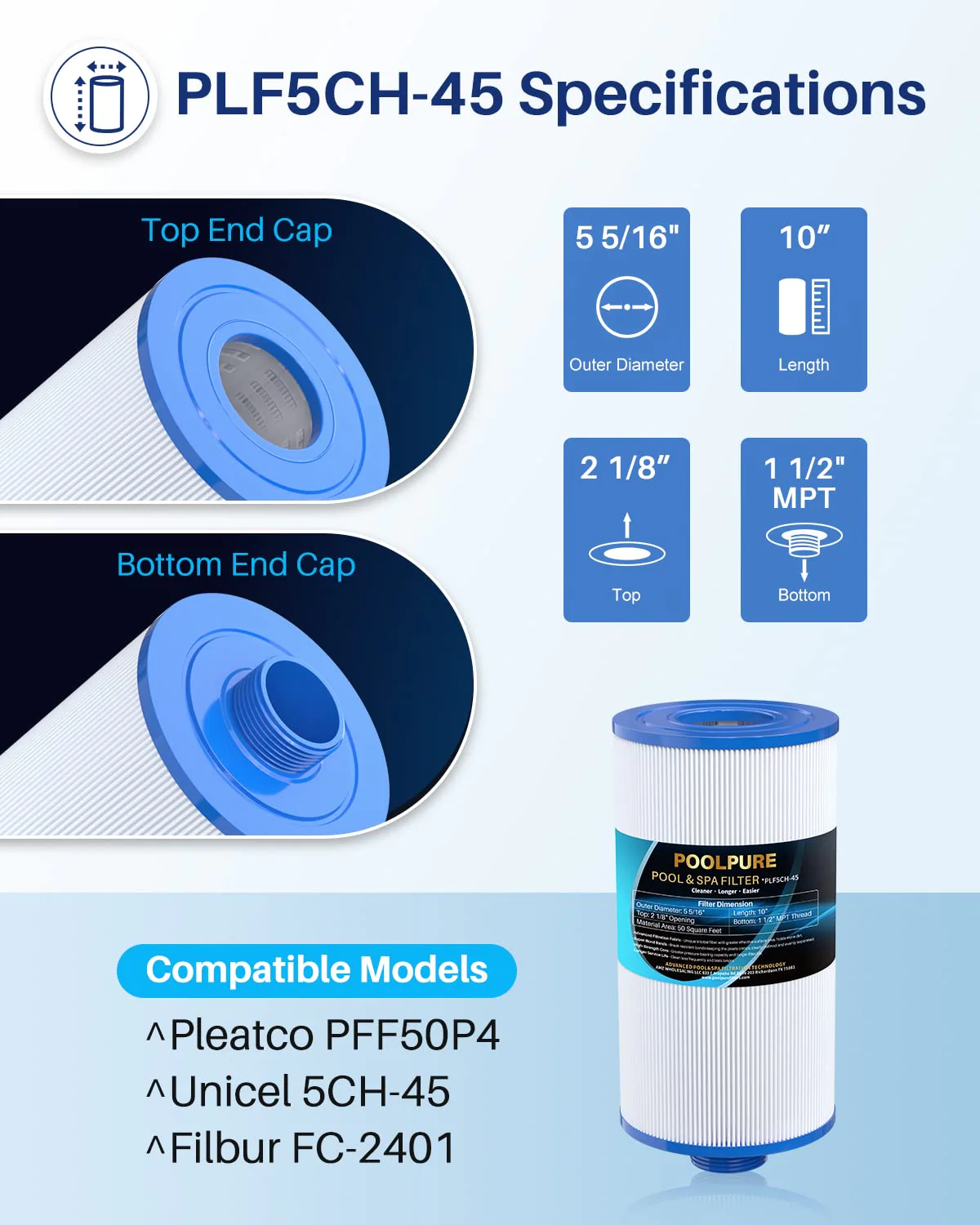 POOLPURE Replacement Filter for PFF50P4, Unicel 5CH-45, Filbur FC-2401, Baleen AK-90108, Legend 090164055428, PFF50 W/PAD, PFF50-PAD4, PFF50P, SD-00363, 45 sqft Filter Cartridge - Image 7