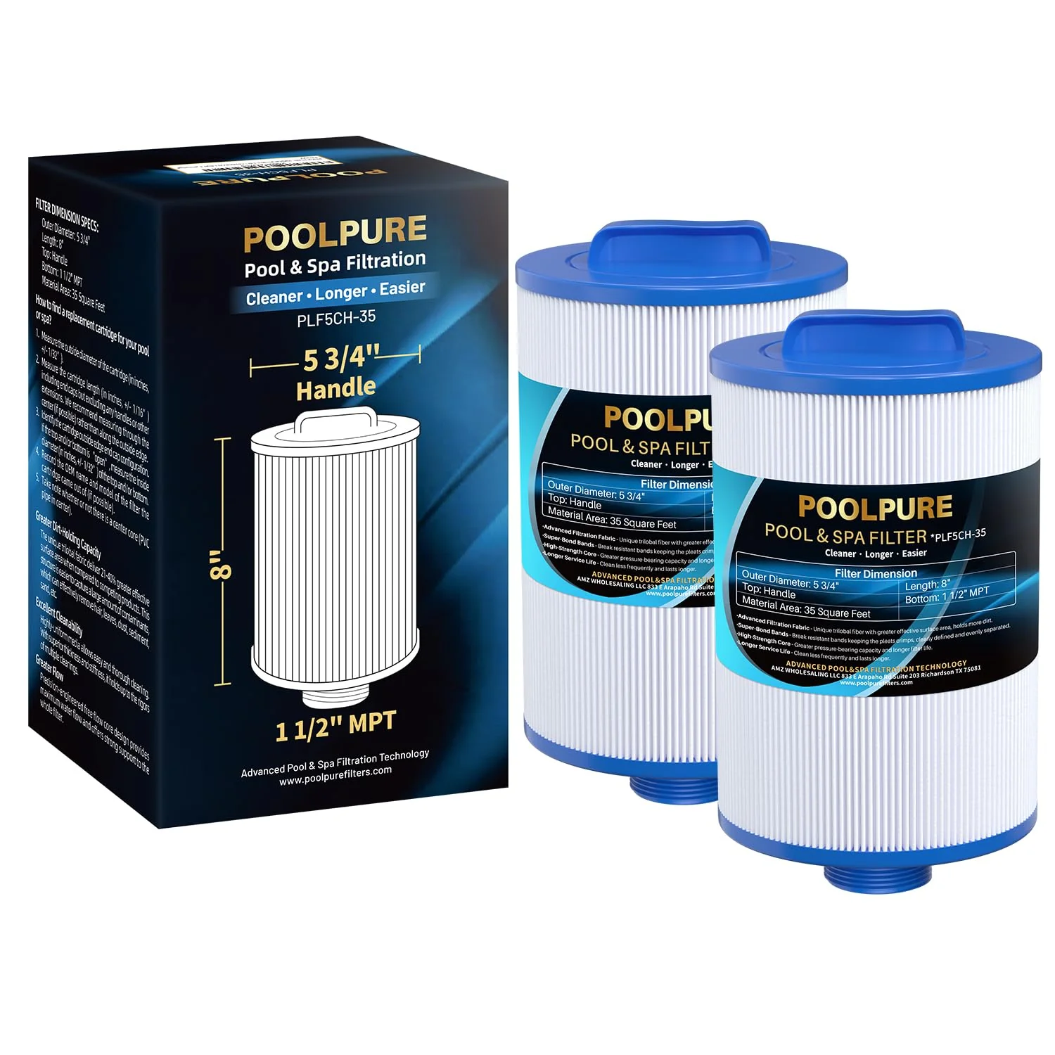 POOLPURE Replacement Filter for PMAX50P4, Unicel 5CH-35,Filbur FC-0300, Baleen AK-90109, Excel Filters XLS-526, Darlly 50353, Pure N Clean PC-0300, SD-00780, SD-00650 Filter Cartridge（1 1/2" MPT） (2)