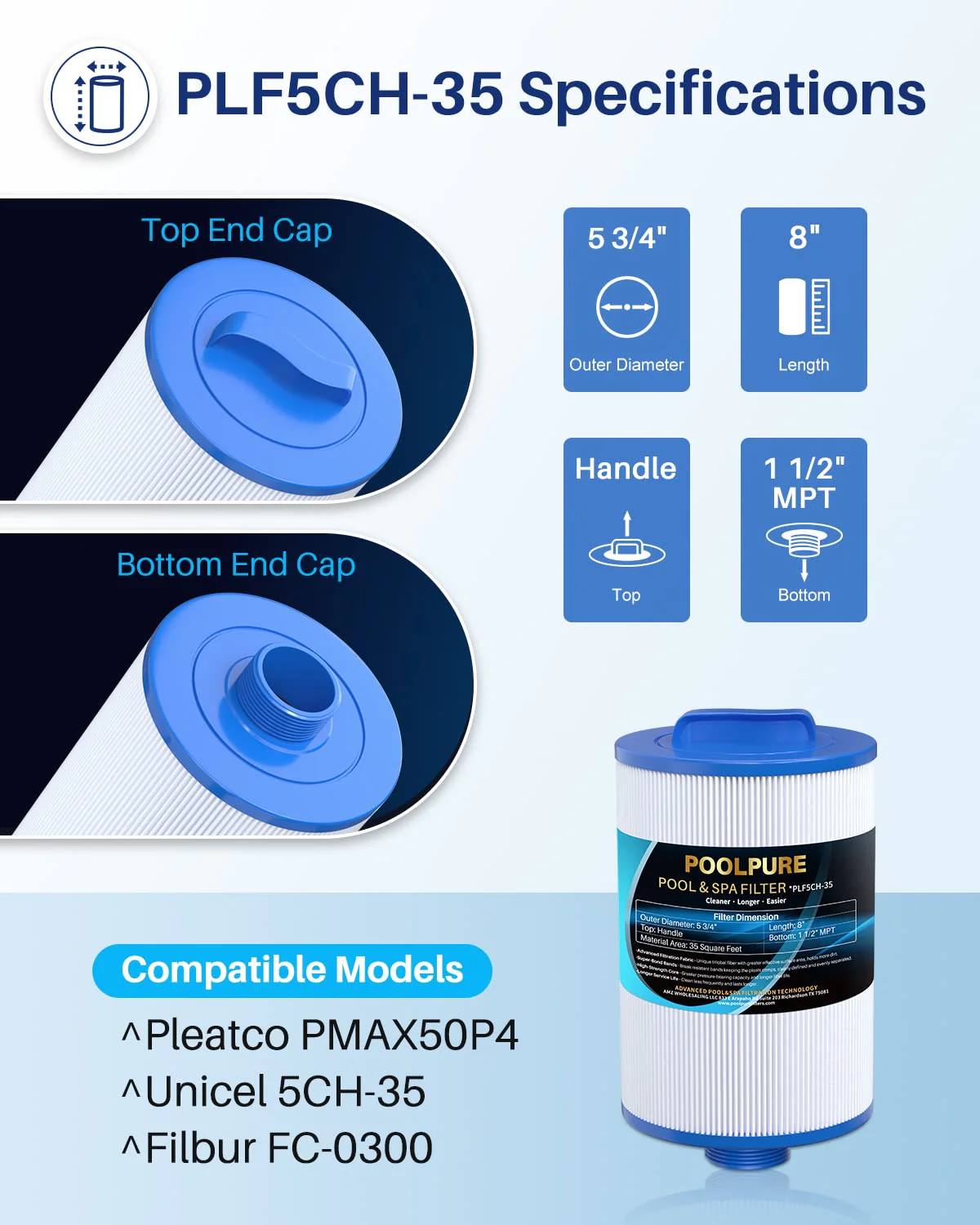 POOLPURE Replacement Filter for PMAX50P4, Unicel 5CH-35,Filbur FC-0300, Baleen AK-90109, Excel Filters XLS-526, Darlly 50353, Pure N Clean PC-0300, SD-00780, SD-00650 Filter Cartridge (1 1/2" MPT) - Image 8