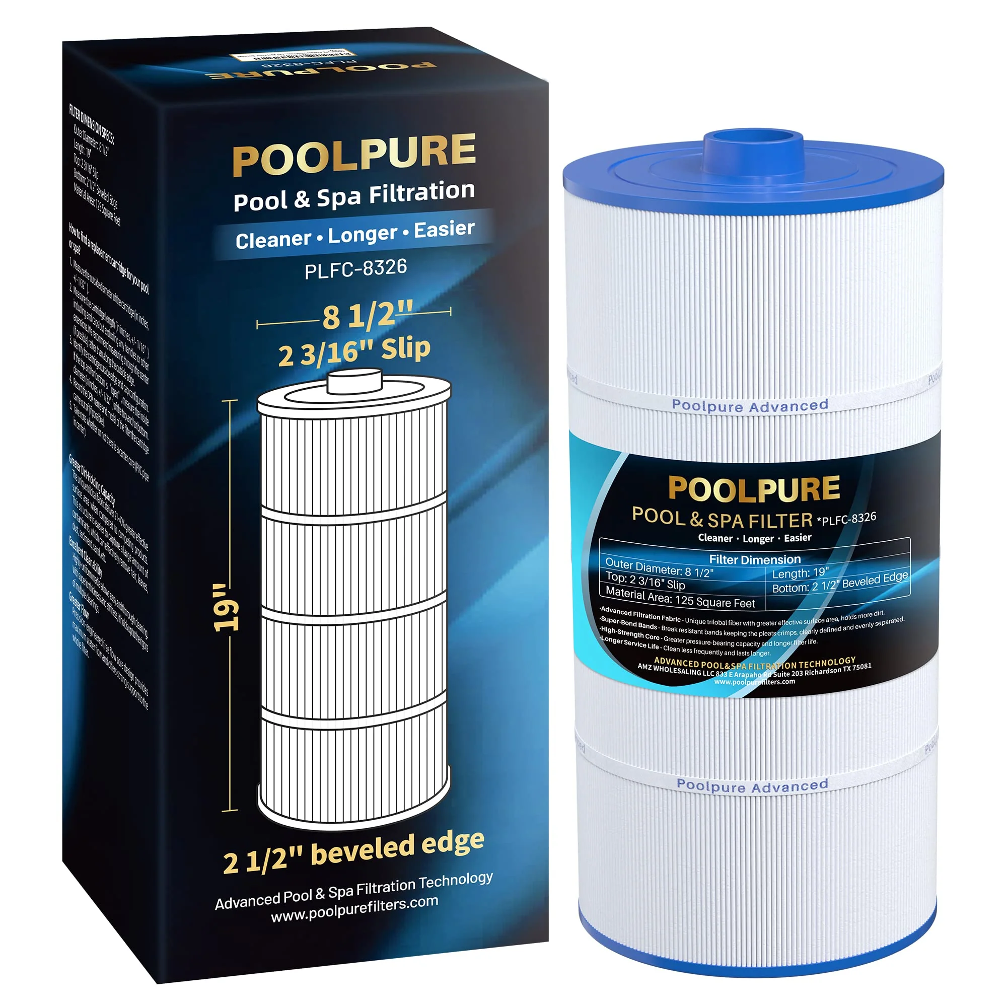 POOLPURE Spa Filter Replaces Sundance 6540-488, PSD125-2000, Unicel C-8326, Filbur FC-2780, Aladdin 22507, Baleen AK-70013, Magnum SU125, 125 sq.ft Filter Cartridge