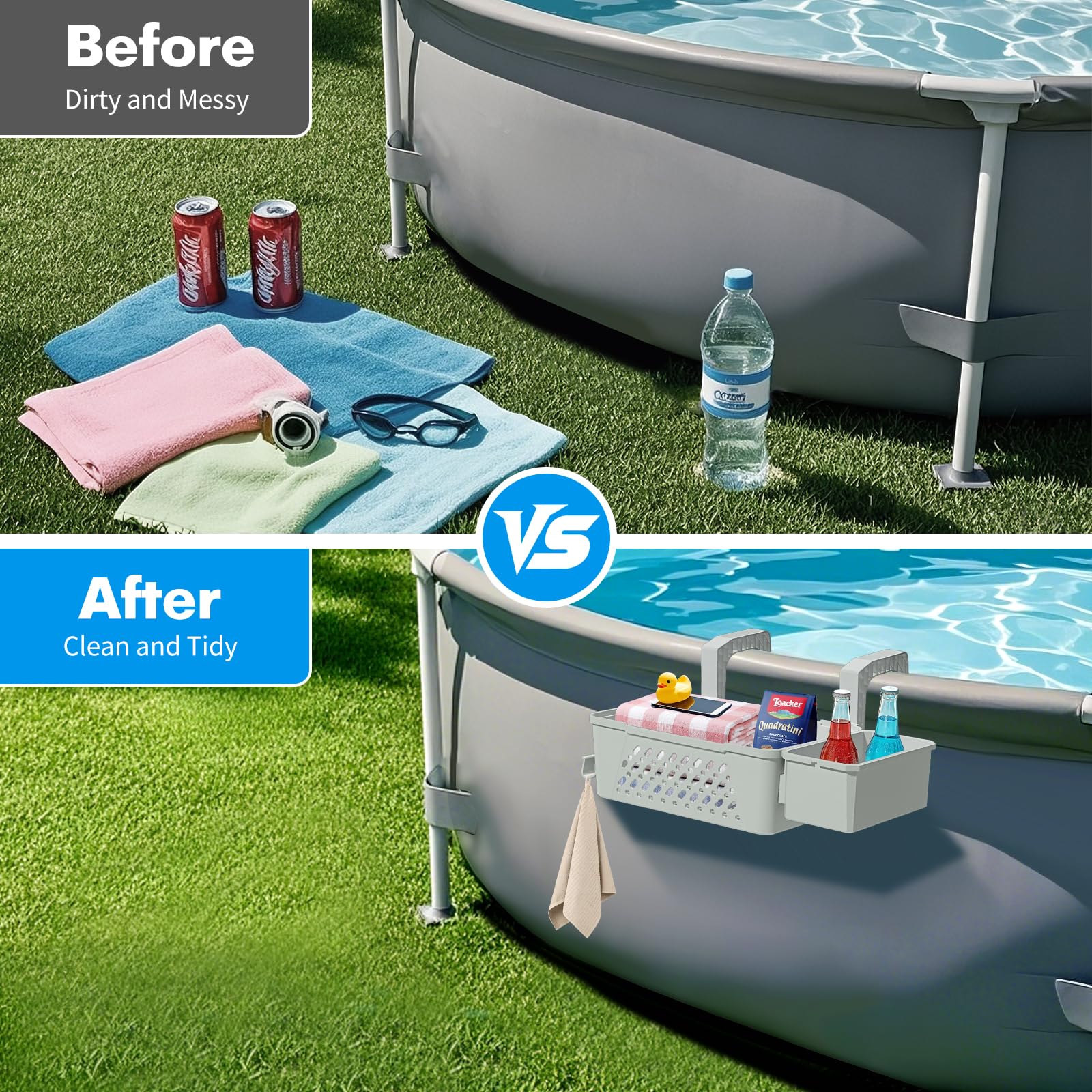 Poolside Storage Basket 2 Pack - Above Ground Pool Accessories, Swimming Pool Storage Baskets with Cup Holders,Fits 3” or Smaller Top Rails,Versatile Organizer for Pool Toys,Towels,Beverages (Grey) - Image 6