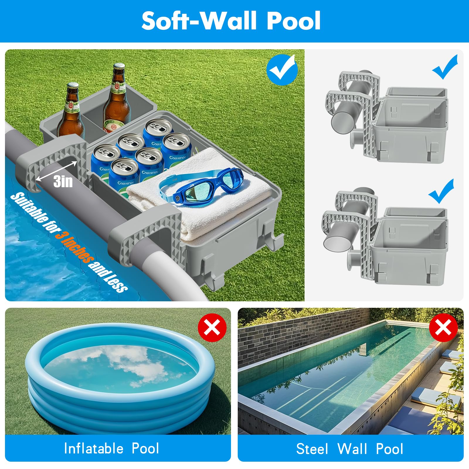Poolside Storage Basket 2 Pack - Above Ground Pool Accessories, Swimming Pool Storage Baskets with Cup Holders,Fits 3” or Smaller Top Rails,Versatile Organizer for Pool Toys,Towels,Beverages (Grey) - Image 7