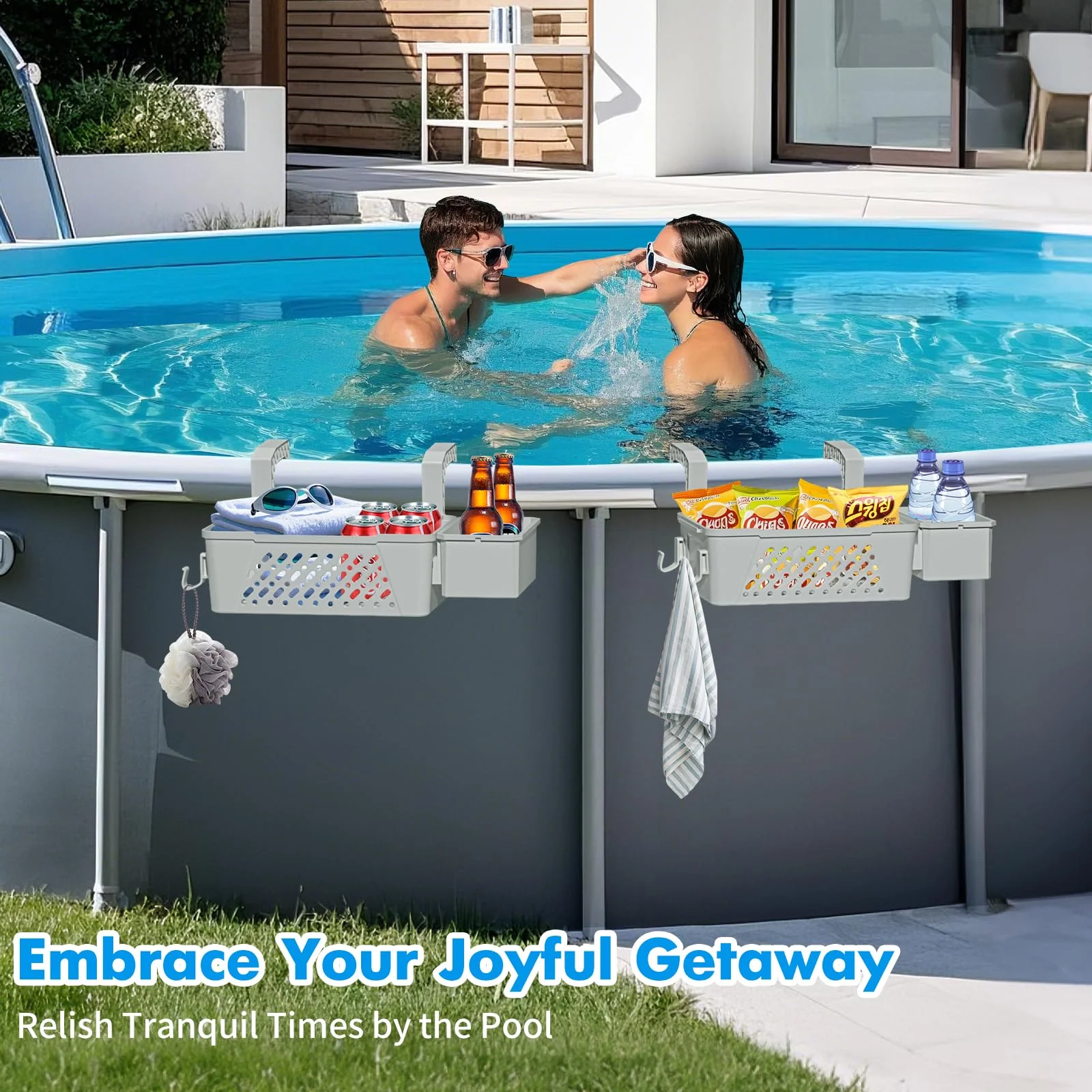 Poolside Storage Basket 2 Pack - Above Ground Pool Accessories, Swimming Pool Storage Baskets with Cup Holders,Fits 3” or Smaller Top Rails,Versatile Organizer for Pool Toys,Towels,Beverages (Grey) - Image 8