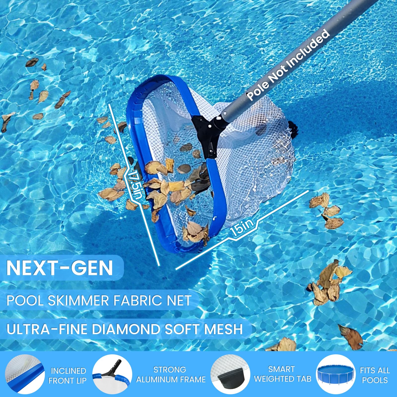 Poolvio 17.5" Pool Net – Heavy Duty Leaf Net with Aluminum Frame with Diamond-Pattern Ultra-Fine Soft Mesh Bag – Pool Cleaning Net for Leaves, Sand, Pollen & Small Debris (No Pole) - Image 5