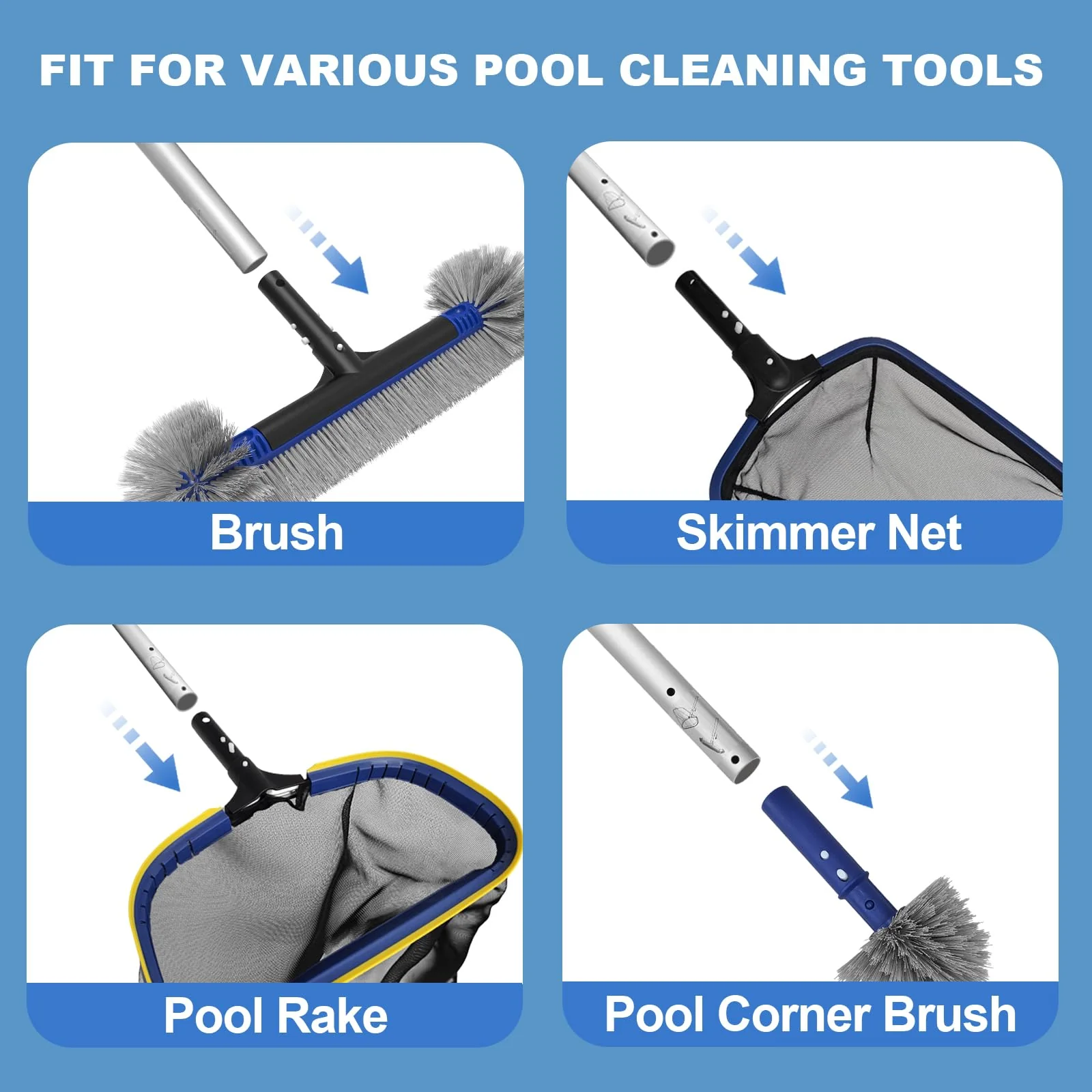 Poolvio 5-in-1 Pool Cleaning Kit - Includes Semi-Deep Skimmer Net, Aluminum Leaf Rake, 20' Pool Brush with 13ft Adjustable Pole - Image 3