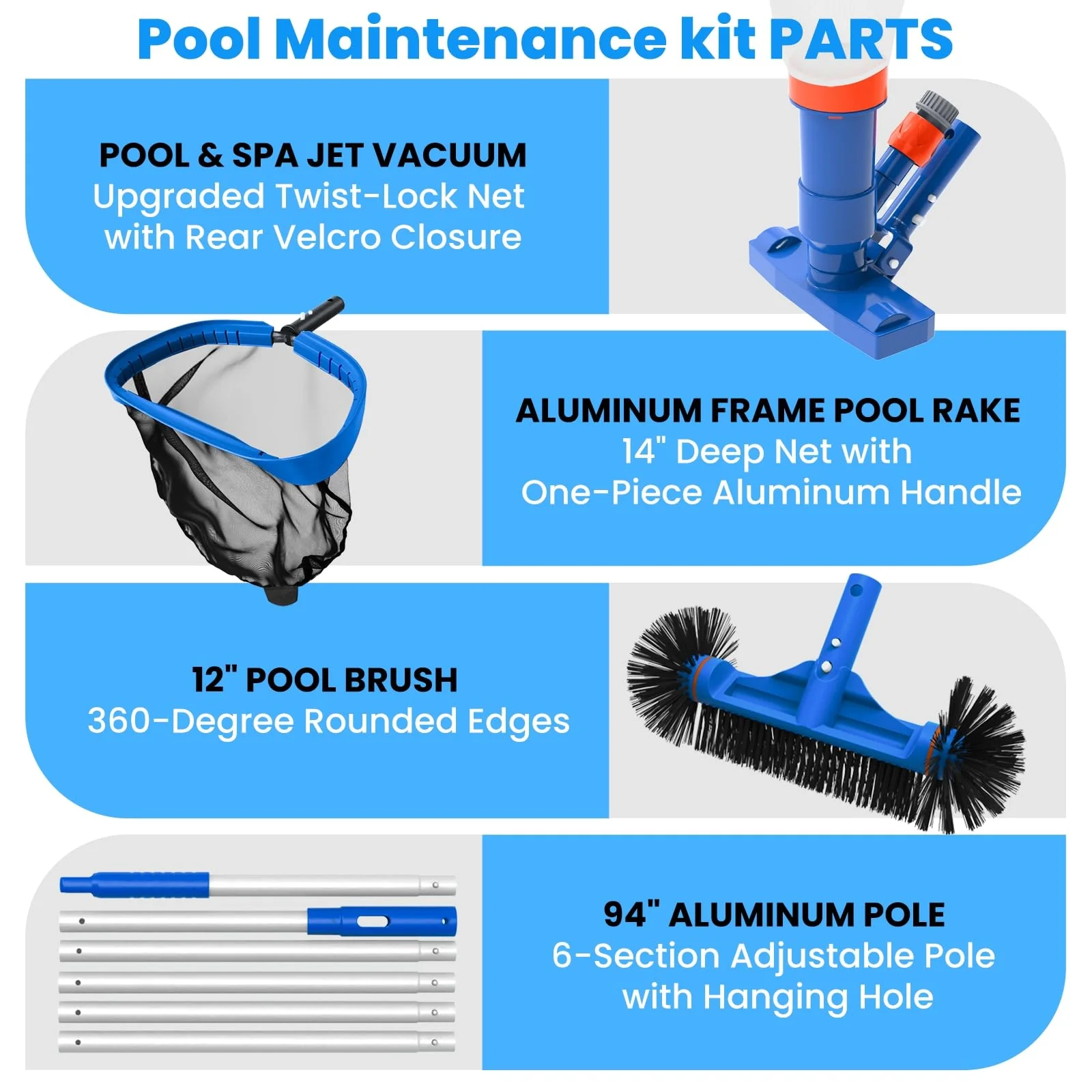 Poolvio Pool Cleaning Kit with Spa Jet Vacuum Cleaner, 8-Foot Pole, Leaf Rake Net & Round Brush for Inflatable and Above-Ground Pools - Image 8