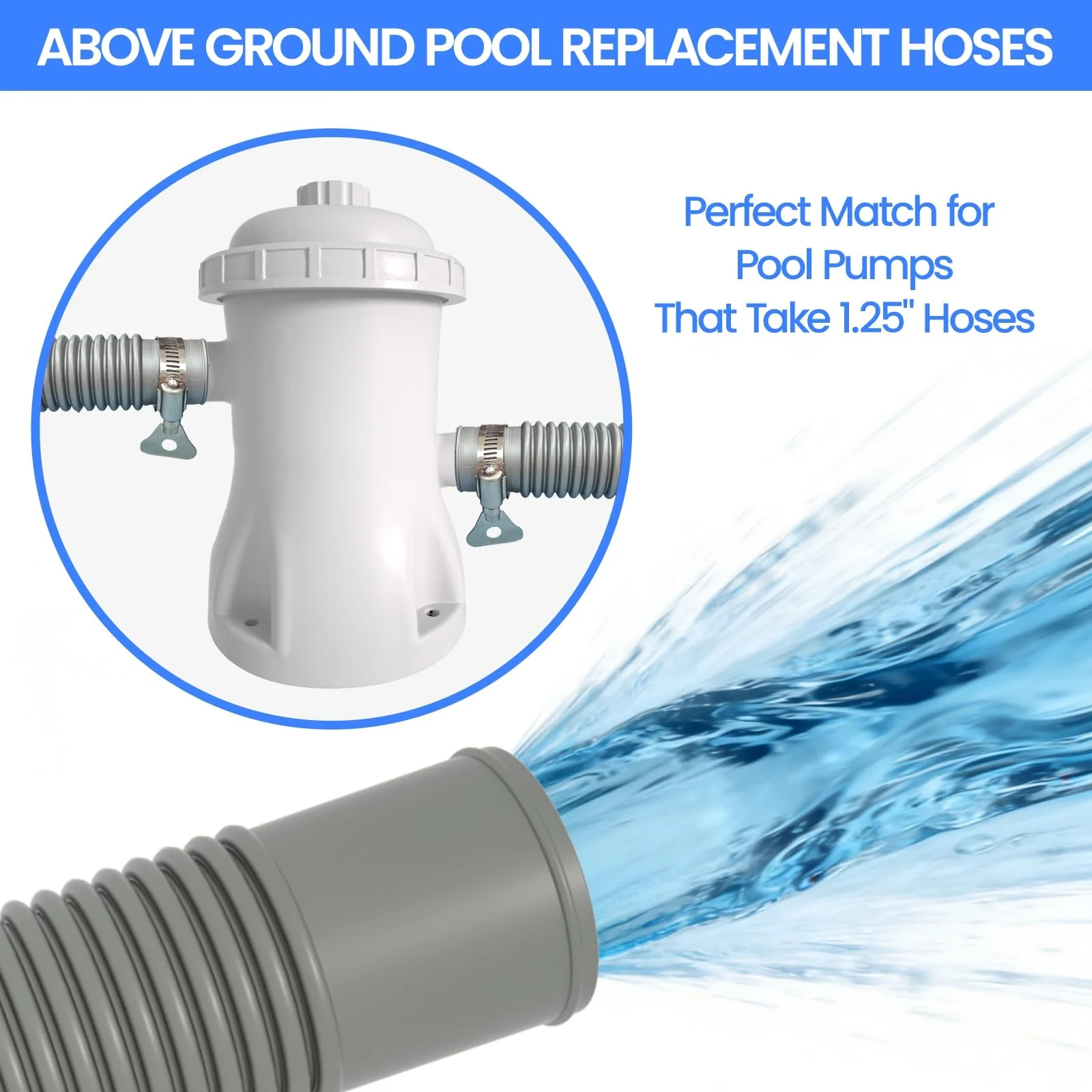 Poolvio Pool Hoses for Above Ground Pools 1.25" Diameter x 59" Long, 3-Pack, Heavy Duty UV Resistant & Leak-Proof Pool Pump Hoses with 6 Metal Thumb Clamps, Fits Intex Filter Pump 607/637 - Image 3