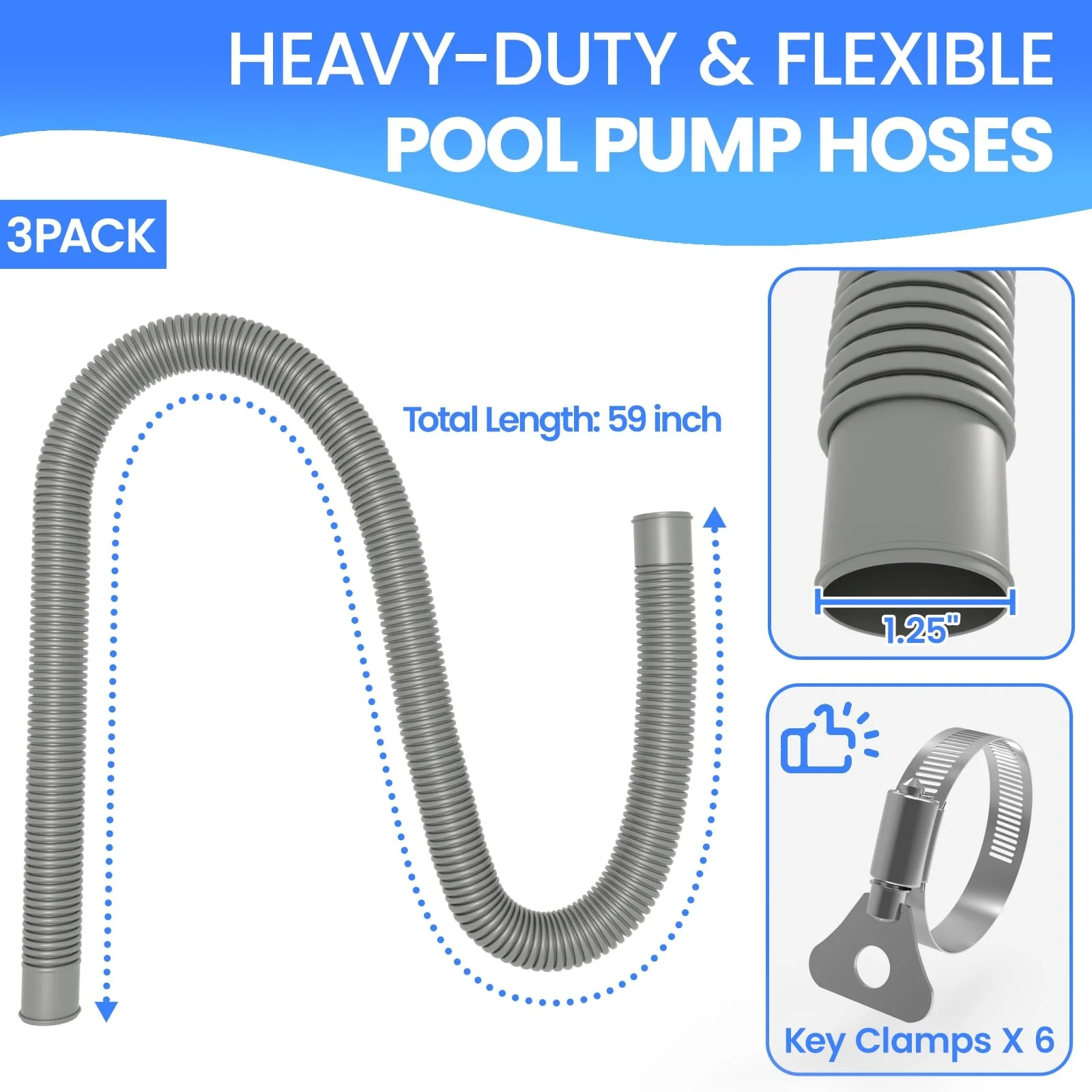 Poolvio Pool Hoses for Above Ground Pools 1.25" Diameter x 59" Long, 3-Pack, Heavy Duty UV Resistant & Leak-Proof Pool Pump Hoses with 6 Metal Thumb Clamps, Fits Intex Filter Pump 607/637 - Image 6