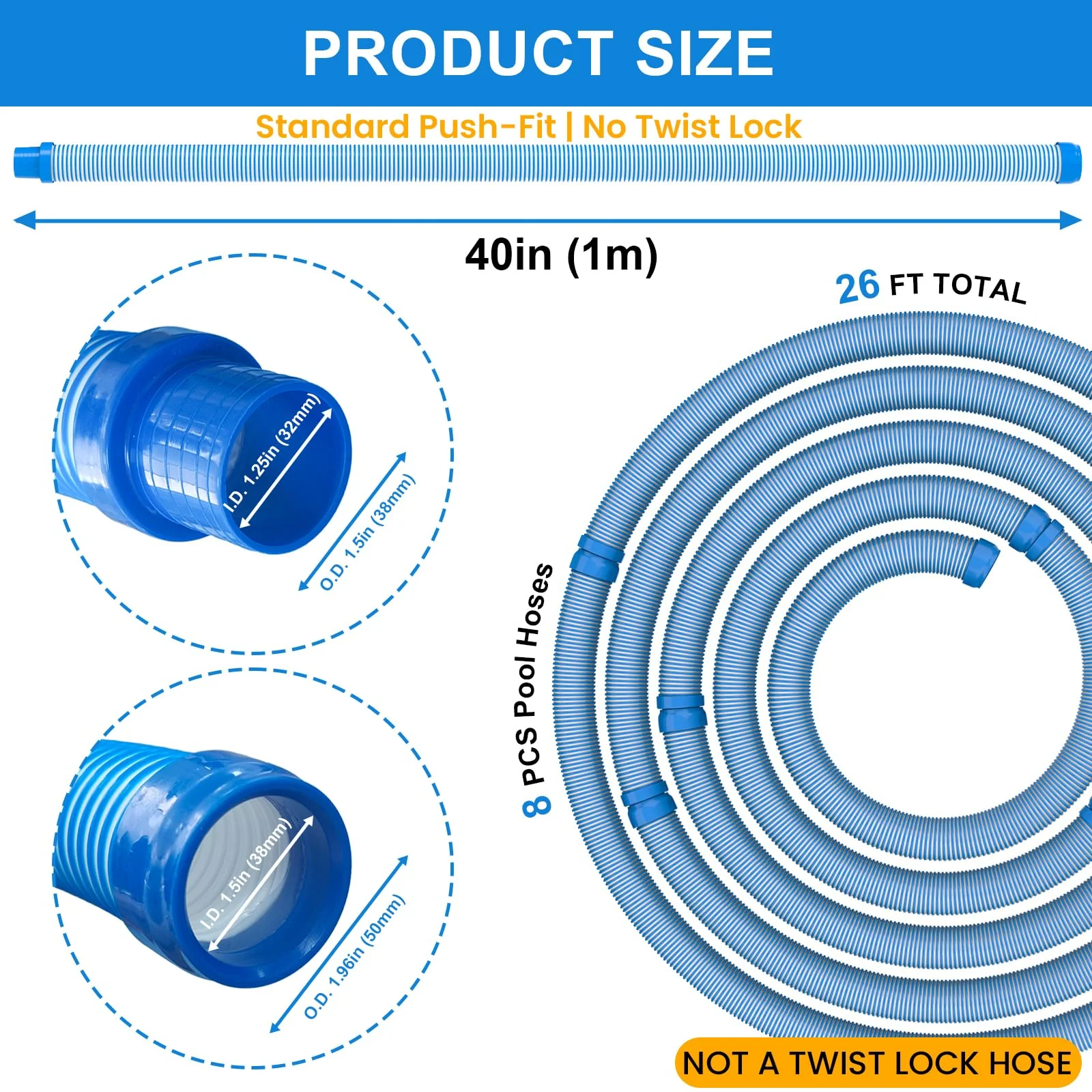Poolvio Pool Vacuum Hose 26 Feet (8 x 40 Inch), 1.5 Inch Cuffs, Compatible with Most Inground Automatic Cleaners - Image 8
