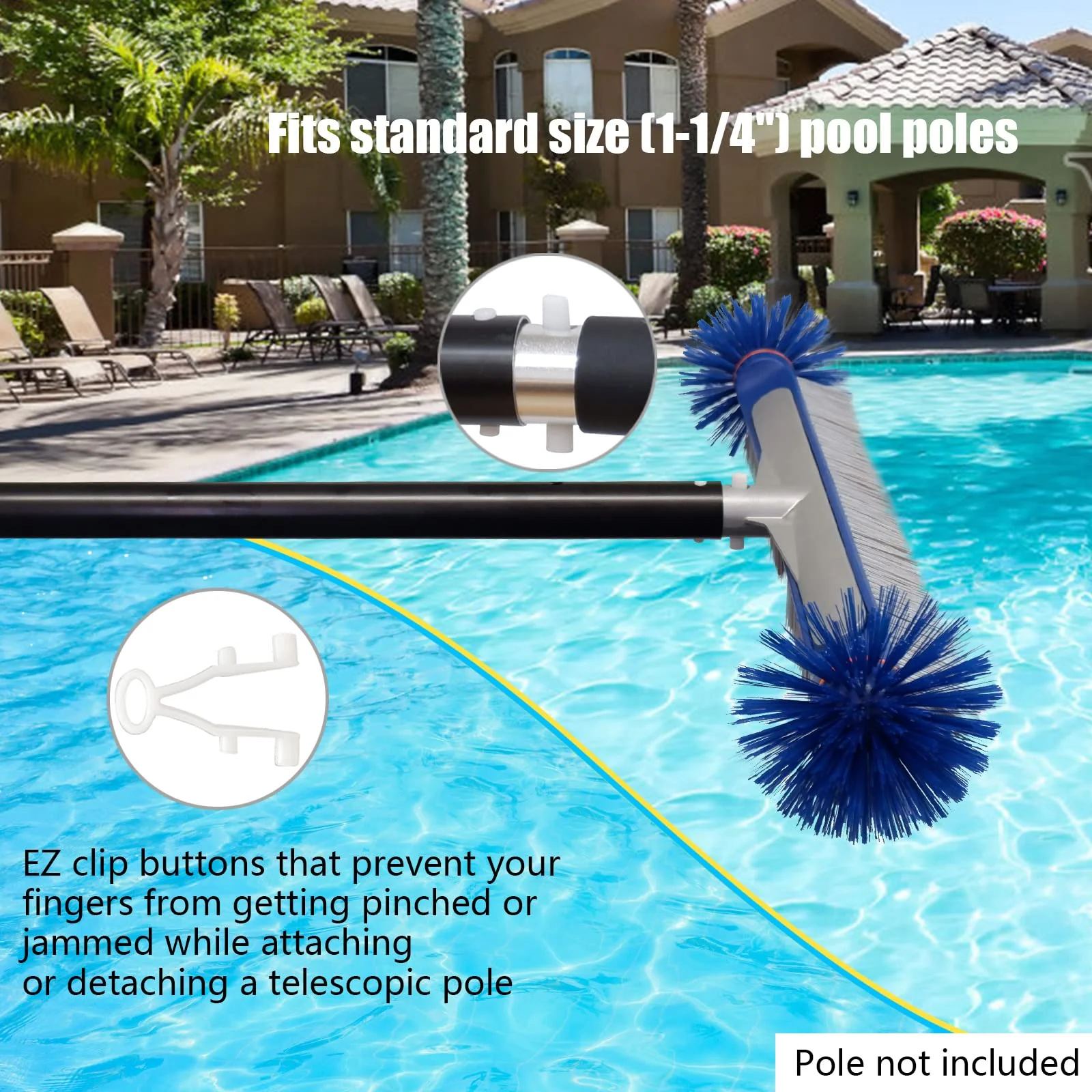 Poolvio Professional 17.5" Floor & Wall Pool Cleaning Brush with Tough Around Nylon Bristles, EZ Clip Aluminum Handle- Easily Sweep from Walls, Floors, Steps - Image 5