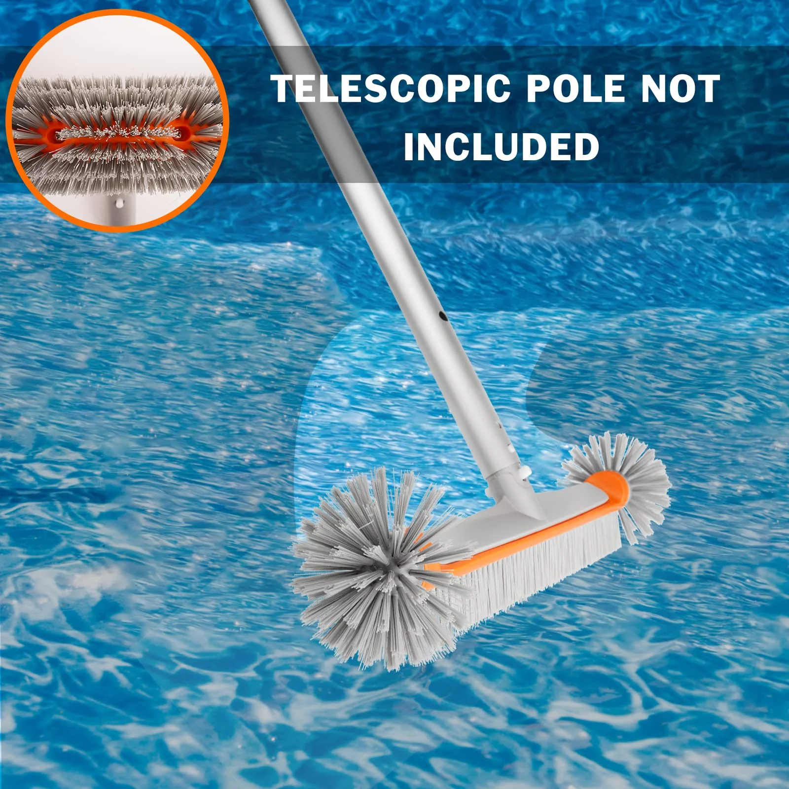 Poolvio Professional 17.5" Floor & Wall Pool Cleaning Brush with Tough Around Nylon Bristles, EZ Clip Aluminum Handle- Easily Sweep from Walls, Floors, Steps (Orange) - Image 3