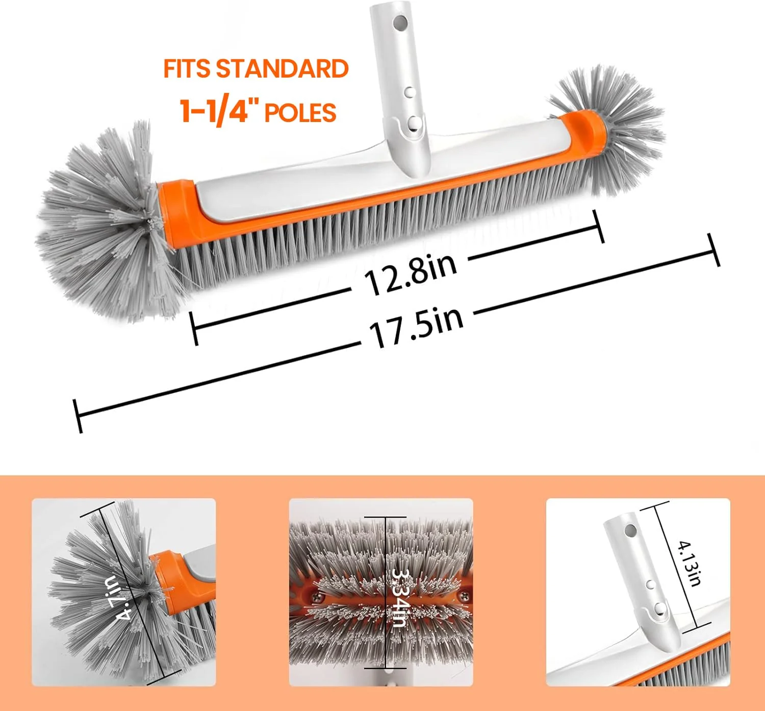 Poolvio Professional 17.5" Floor & Wall Pool Cleaning Brush with Tough Around Nylon Bristles, EZ Clip Aluminum Handle- Easily Sweep from Walls, Floors, Steps (Orange) - Image 7