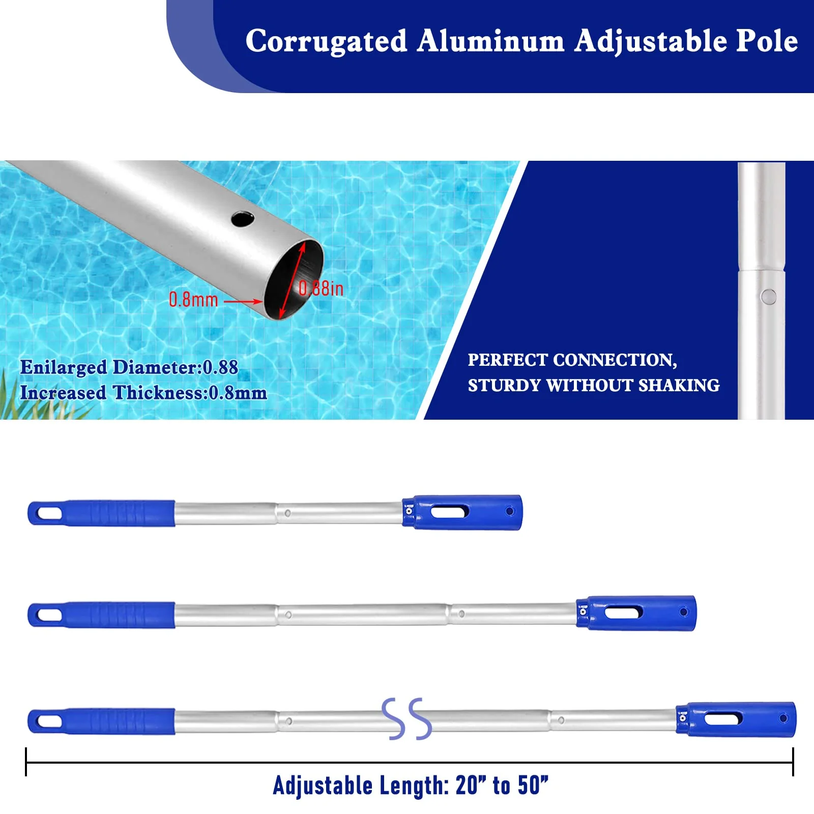Poolvio Swimming Pool Cleaning Kit, 14'' Brush Head & 50'' Telescopic Aluminum Pole with Fine Mesh Skimmer Net - Perfect for Above Ground Pools, Spas, Hot Tub Fountains Blue (PK0140) - Image 3