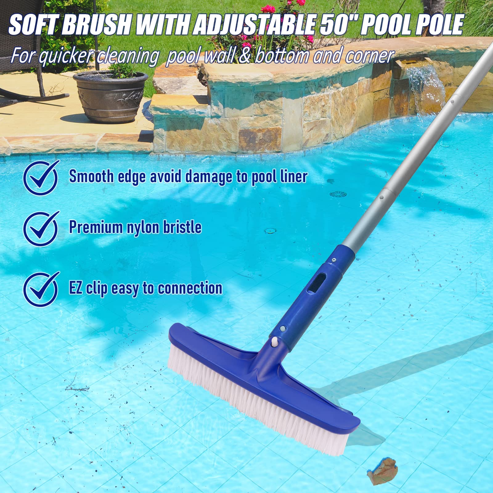 Poolvio Swimming Pool Cleaning Kit, 14'' Brush Head & 50'' Telescopic Aluminum Pole with Fine Mesh Skimmer Net - Perfect for Above Ground Pools, Spas, Hot Tub Fountains Blue (PK0140) - Image 6