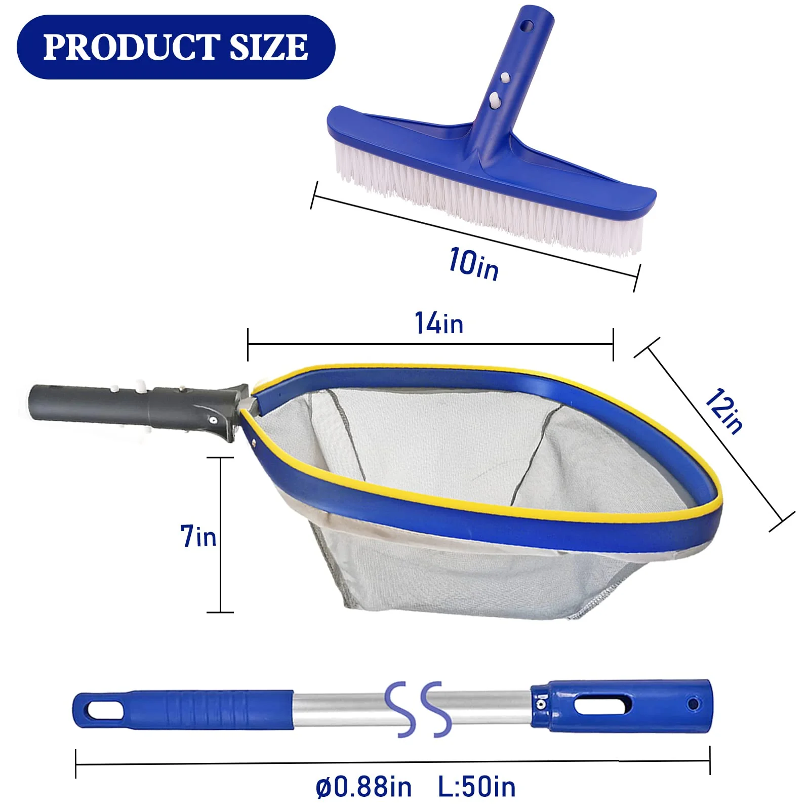 Poolvio Swimming Pool Cleaning Kit, 14'' Brush Head & 50'' Telescopic Aluminum Pole with Fine Mesh Skimmer Net - Perfect for Above Ground Pools, Spas, Hot Tub Fountains Blue (PK0140) - Image 7