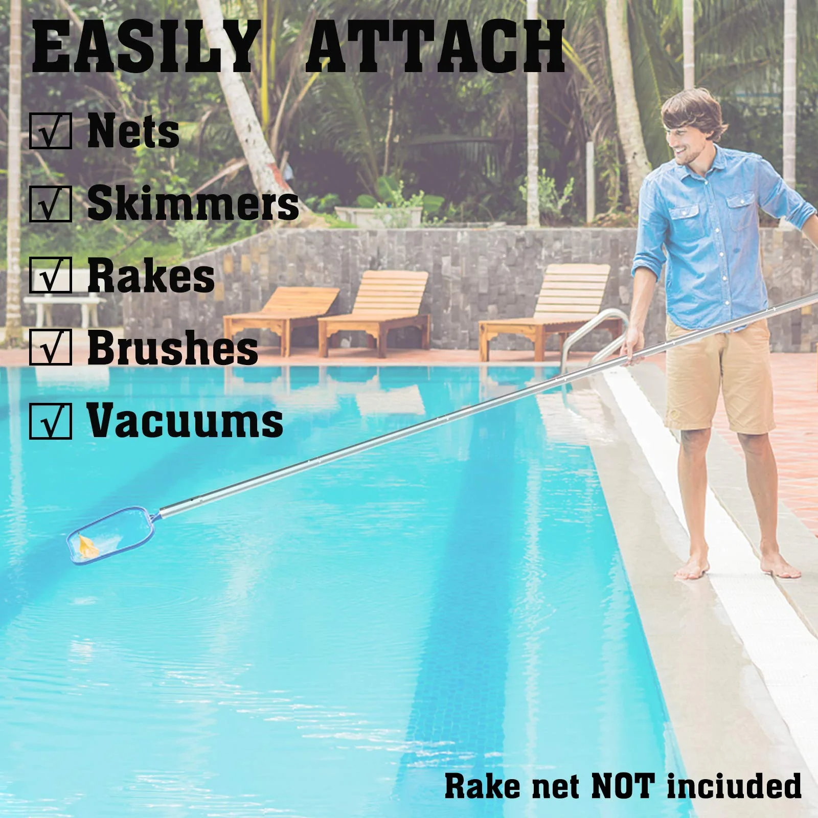 POOLWHALE 10.5 Foot Premium Aluminum Telescopic Swimming Pool Pole, Special Stripes Texture Strong Grip, Adjustable 8 Pieces 1.0 mm Expandable Step-Up, for Skimmer Nets, Vacuum Heads and Brushes - Image 2