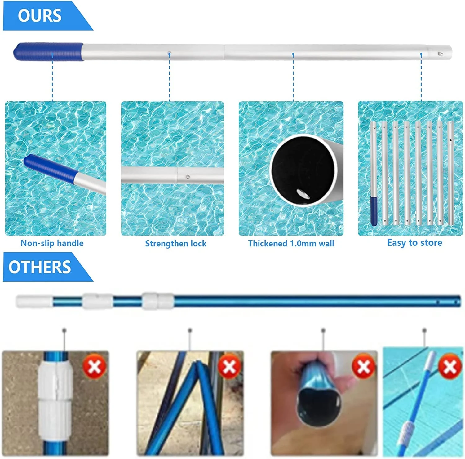 POOLWHALE 10.5 Foot Premium Aluminum Telescopic Swimming Pool Pole, Special Stripes Texture Strong Grip, Adjustable 8 Pieces 1.0 mm Expandable Step-Up, for Skimmer Nets, Vacuum Heads and Brushes - Image 4