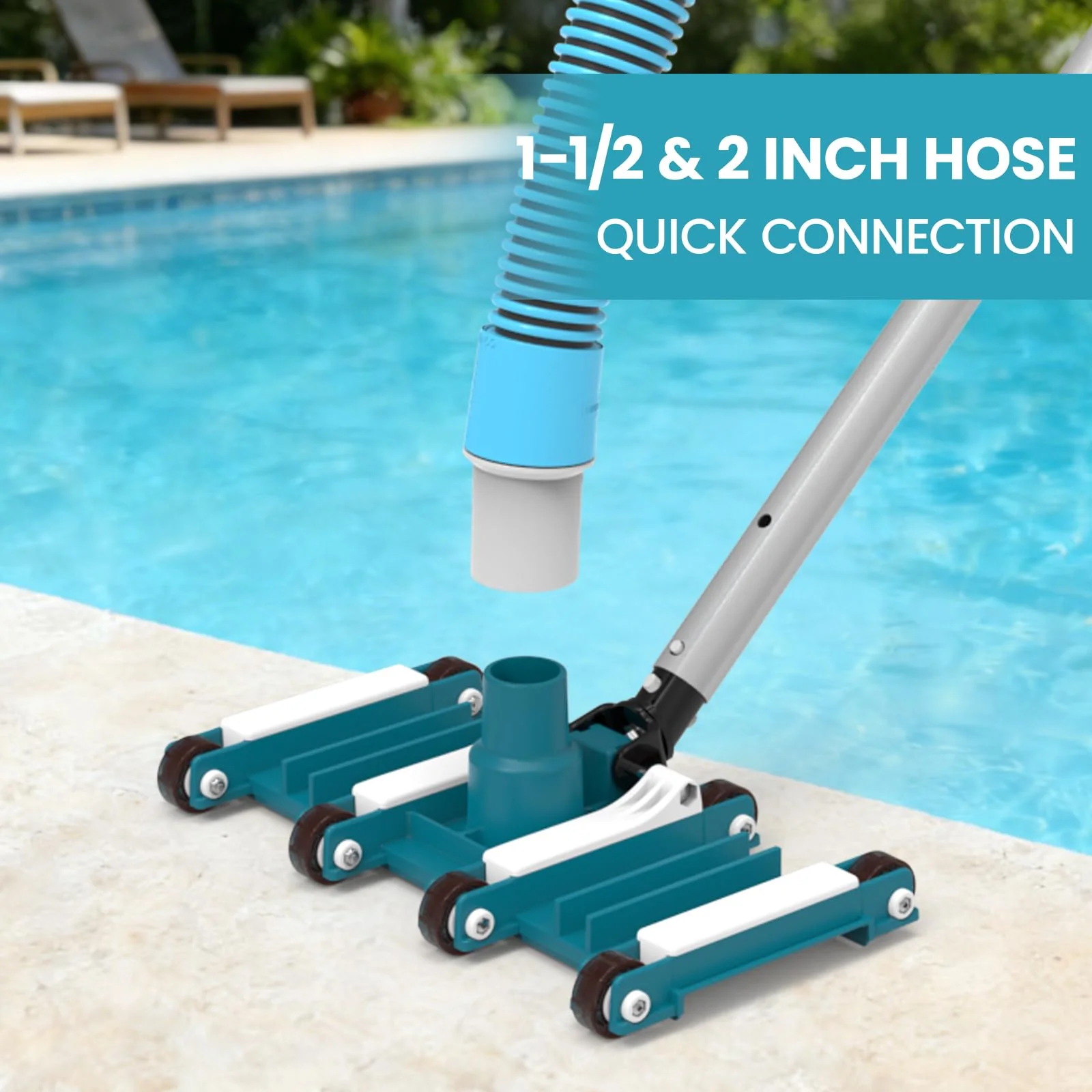 POOLWHALE 14" Flexible Pool Vacuum Head with Wheels, Swivel Direction-Control Handle for Inground & Above Ground Pools Clean Remove Debris - Image 6