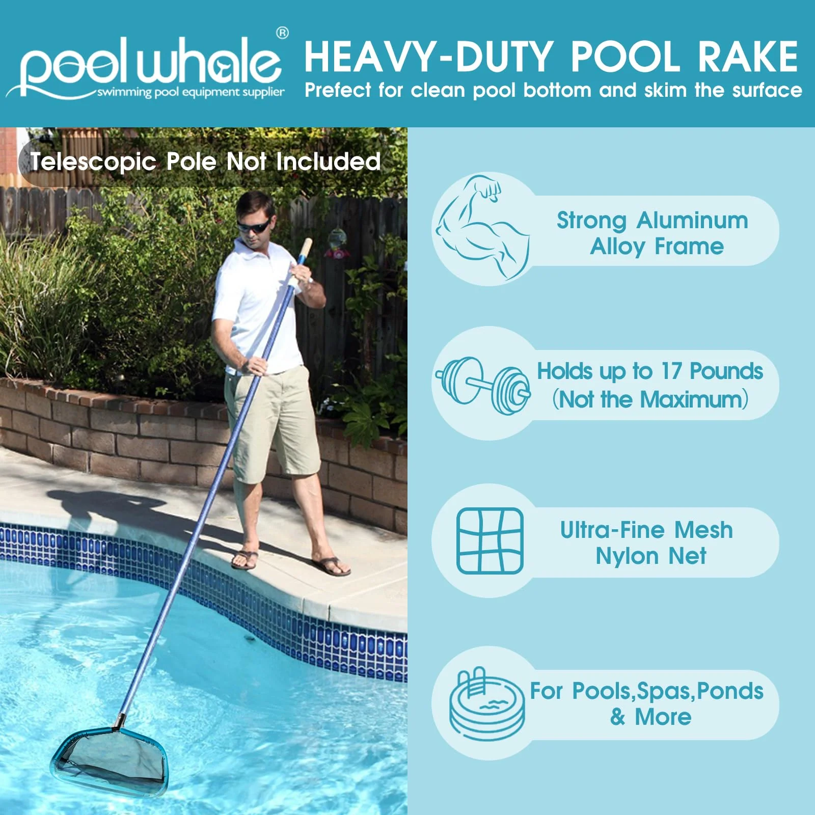 POOLWHALE Pool Skimmer Net Rake, Aluminum Frame Deep Nylon Net, Ultra Fine Mesh Pool Nets for Cleaning Leaves, Debris & Swimming Pools Skimming - Image 7