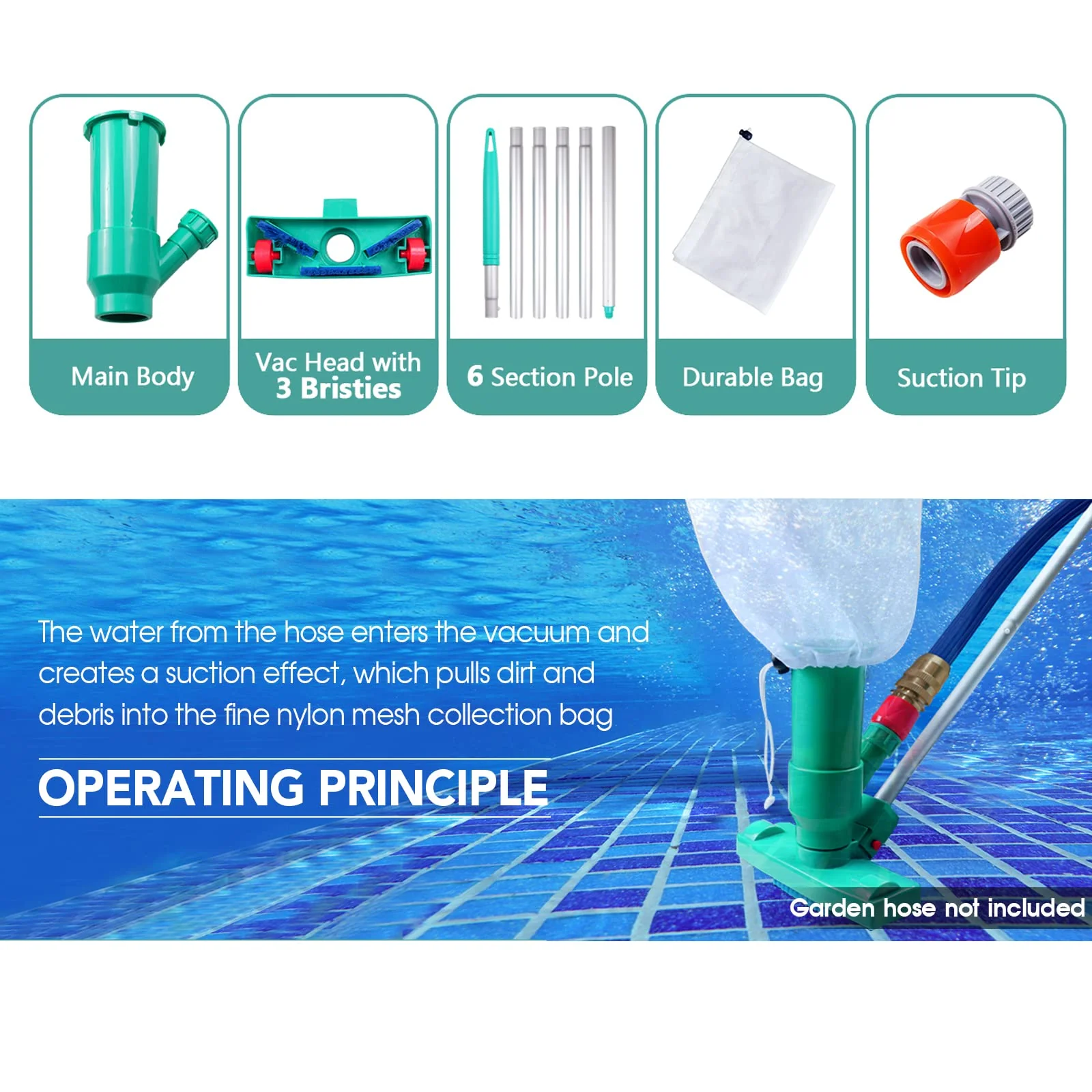 POOLWHALE Portable Pool Vacuum Jet Underwater Cleaner W/Brush,Bag,6 Section Pole of 56.5"(No Garden Hose Included),for Above Ground Pool,Spas,Ponds & Fountains - Image 6