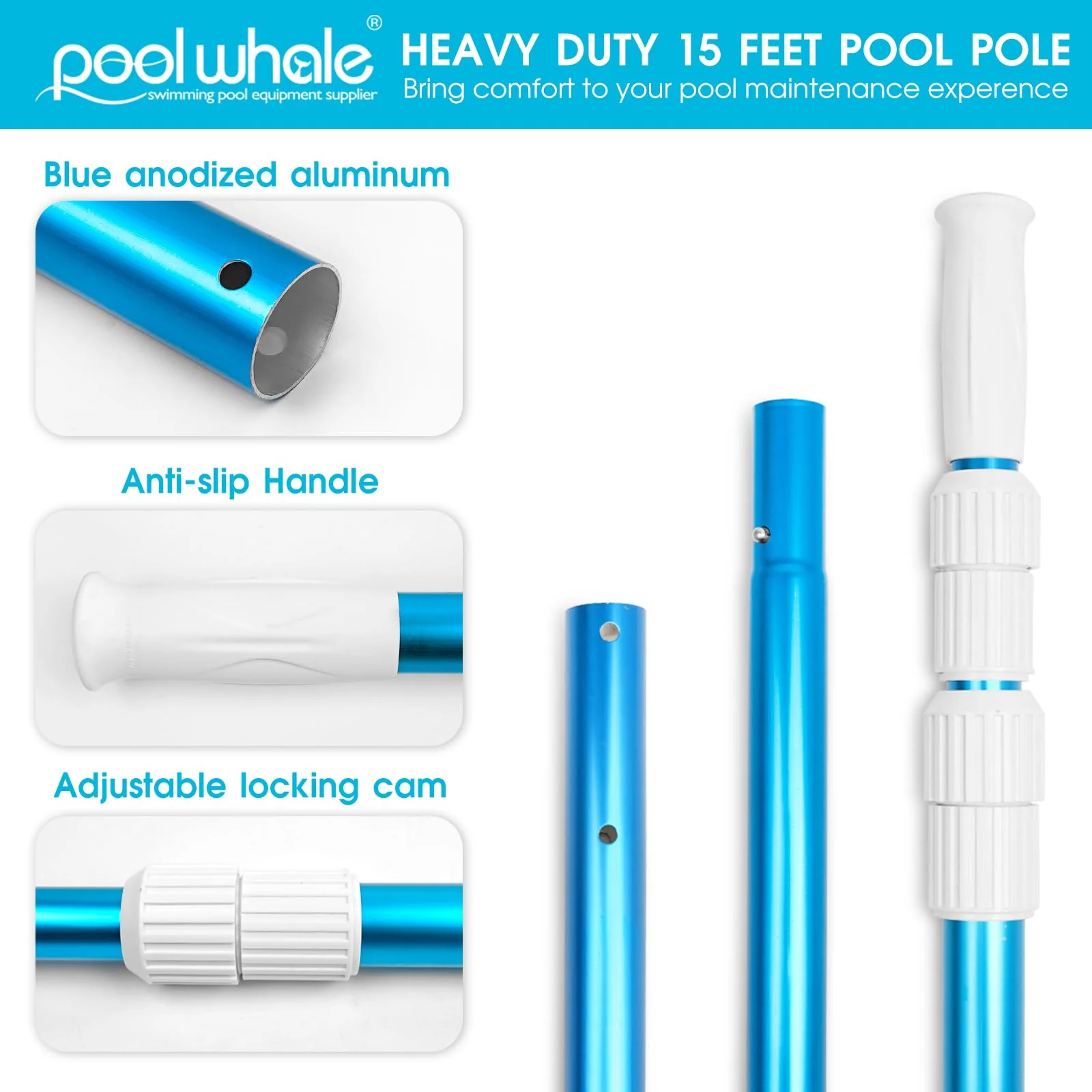 POOLWHALE Premium 15 Foot Telescopic Swimming Pool Pole, Adjustable 3 Piece Extendable Pool Cleaning Pole, Blue Anodized Aluminum - for Skimmer Nets, Vacuum Heads and Brushes - Image 4