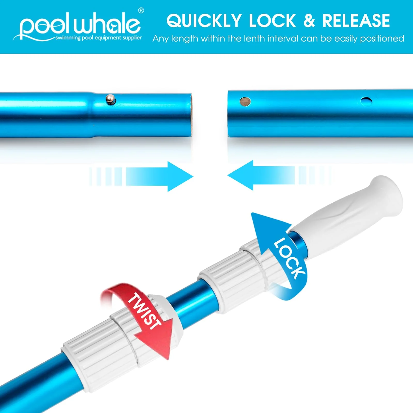 POOLWHALE Premium 15 Foot Telescopic Swimming Pool Pole, Adjustable 3 Piece Extendable Pool Cleaning Pole, Blue Anodized Aluminum - for Skimmer Nets, Vacuum Heads and Brushes - Image 5