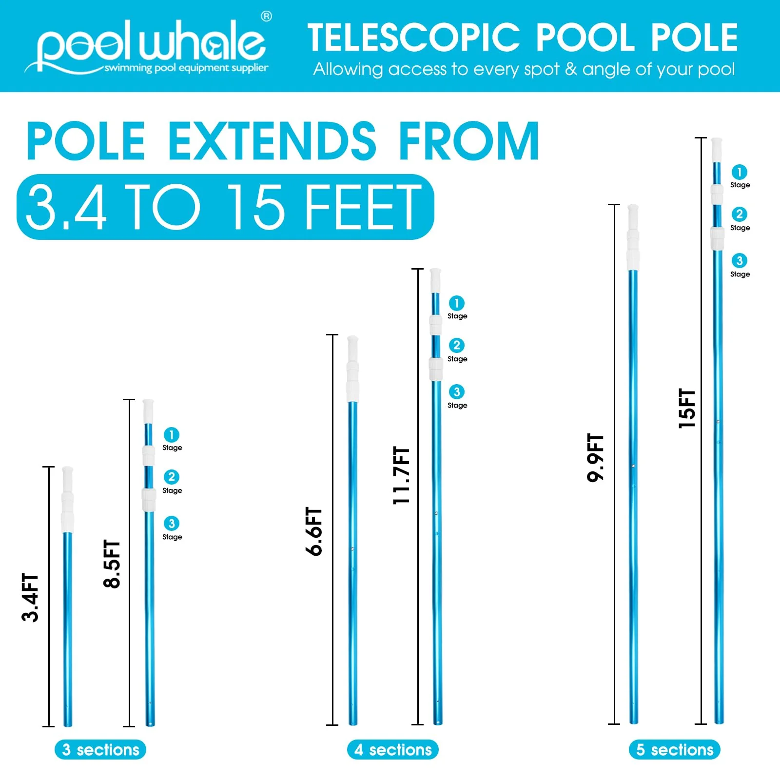 POOLWHALE Premium 15 Foot Telescopic Swimming Pool Pole, Adjustable 3 Piece Extendable Pool Cleaning Pole, Blue Anodized Aluminum - for Skimmer Nets, Vacuum Heads and Brushes - Image 7