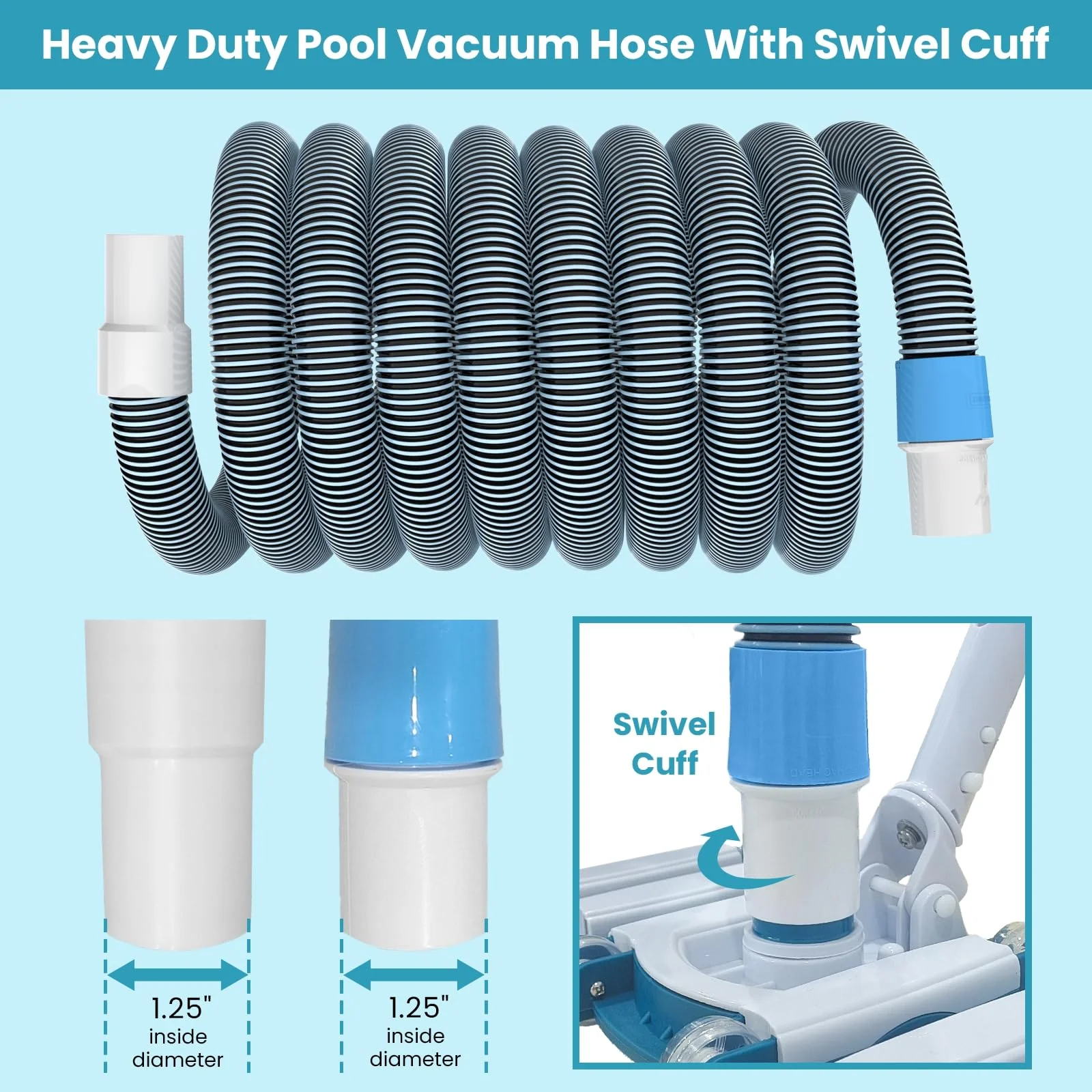 POOLWHALE Professional 1-1/2-Inch x 40-Feet Swimming Pool Vacuum Hoses and Weighted Rotatable Handle Vacuum Head with Wheels, Perfect for Above Ground and Inground Pools - Image 4