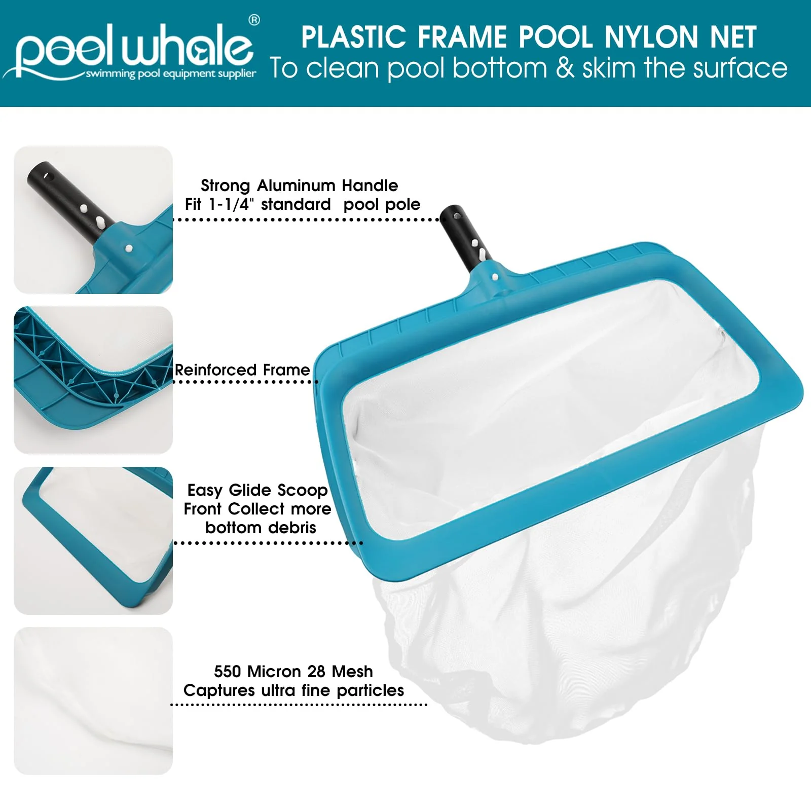 POOLWHALE Professional Pool Skimmer Net, Upgraded Extra Wide Scoop Edge, Swimming Leaf Rake with Ultra Fine Mesh Deep Nylon Net Bag - Pool Nets for Cleaning Leaves, Debris (Not Pole) - Image 6